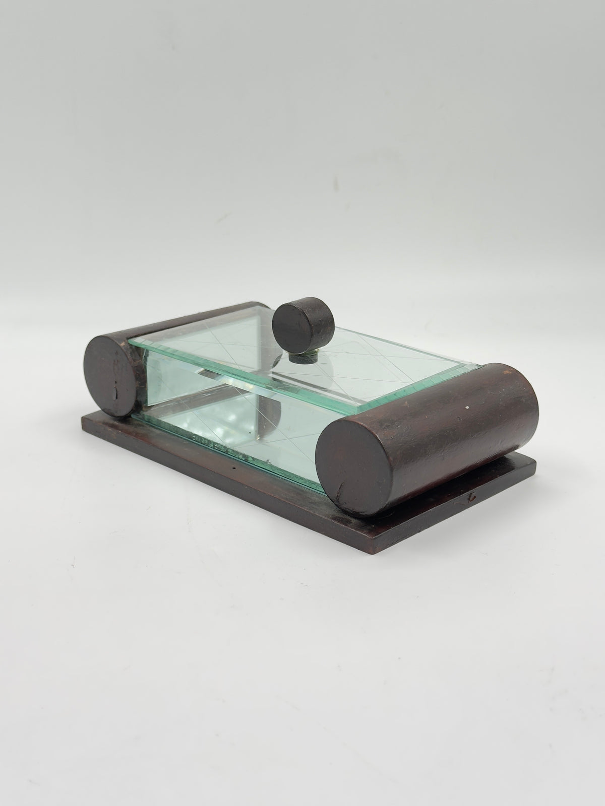 Vintage Art Deco Wood and Glass Roll-Top Box, Etched Geometric Pattern