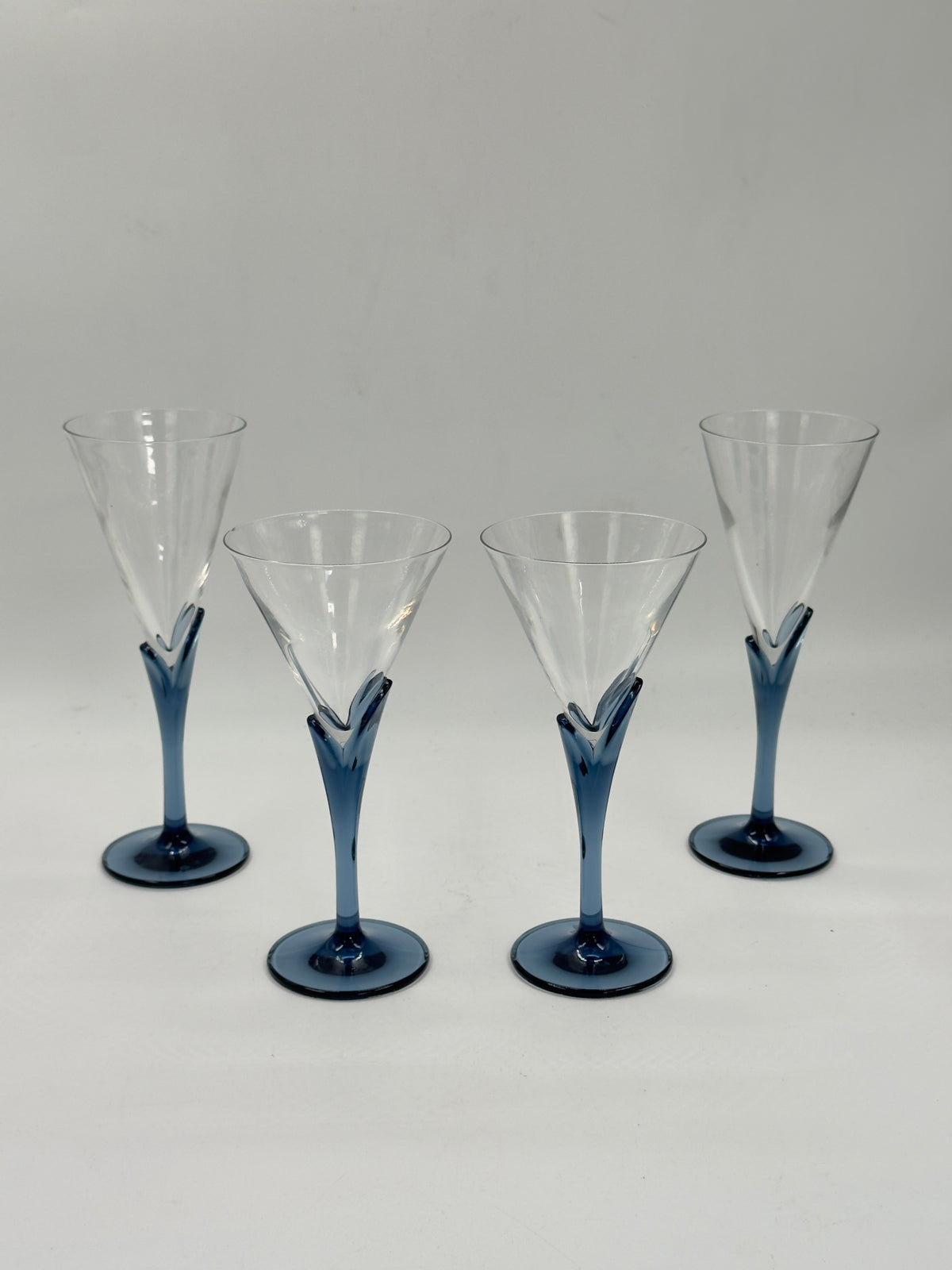 Set of 4 Vintage Italian Wine Glasses with Sculptural Blue Stems, Two Sizes