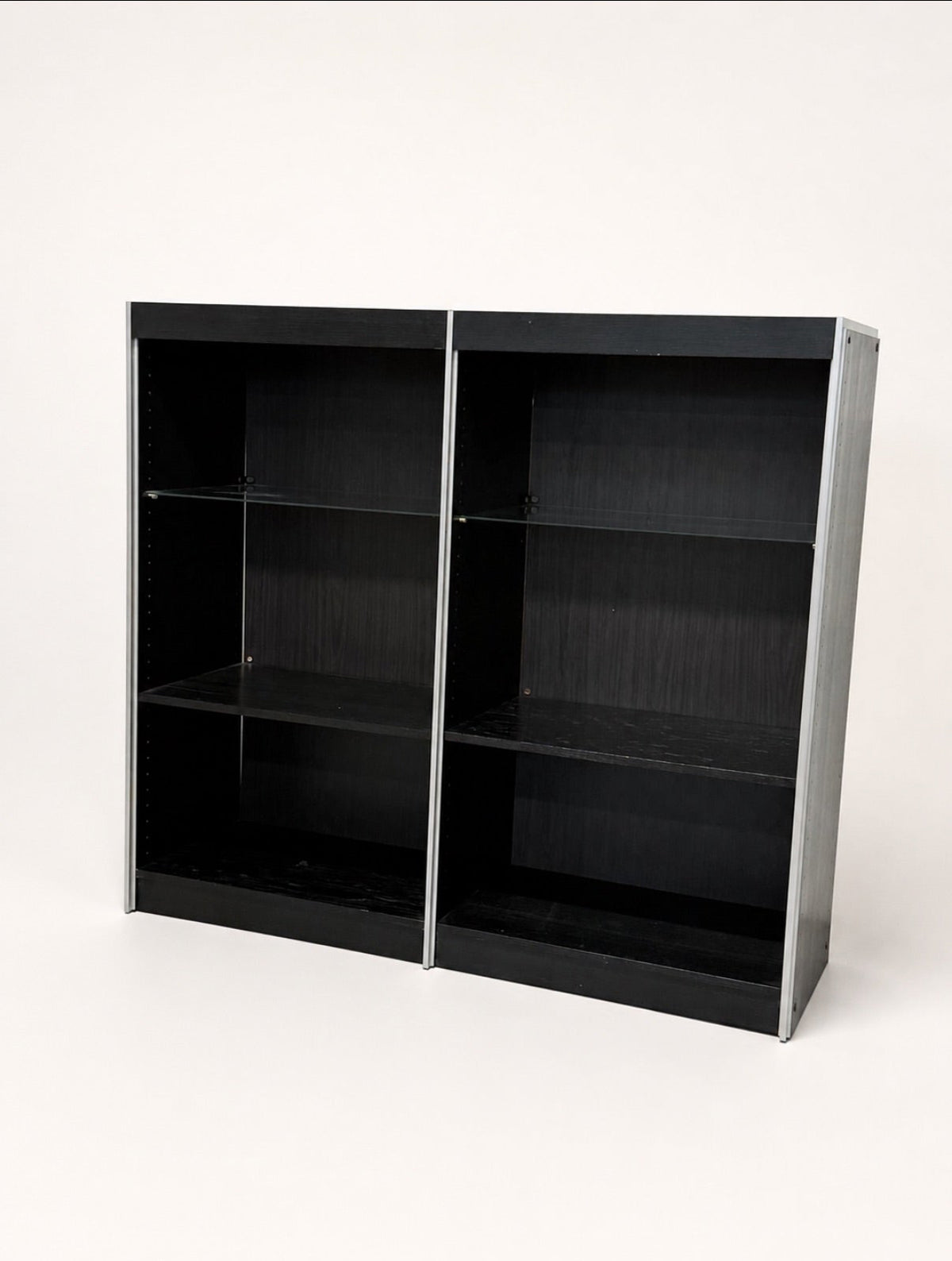 Vintage Black Wood Double Bookcase with Aluminum Trim and Glass Shelves