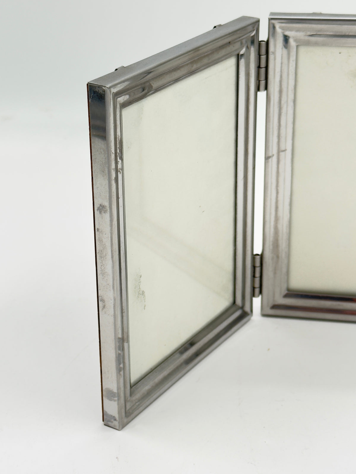 Vintage Silver-Tone Double Photo Frame with Wood Backing, Hinged Book-Style