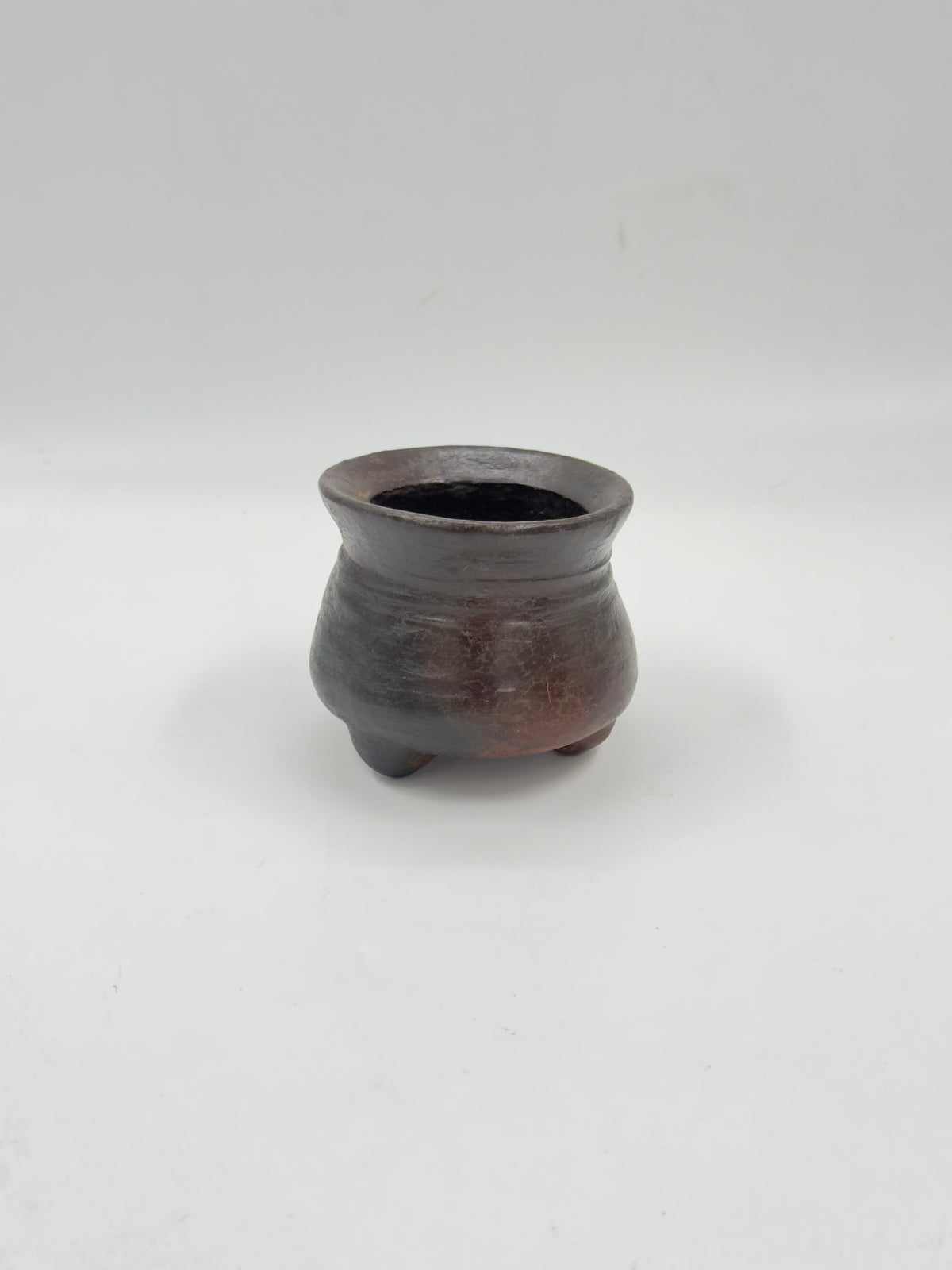 Vintage Hand-Built Terracotta Tripod Vessel with Smoked Black Finish