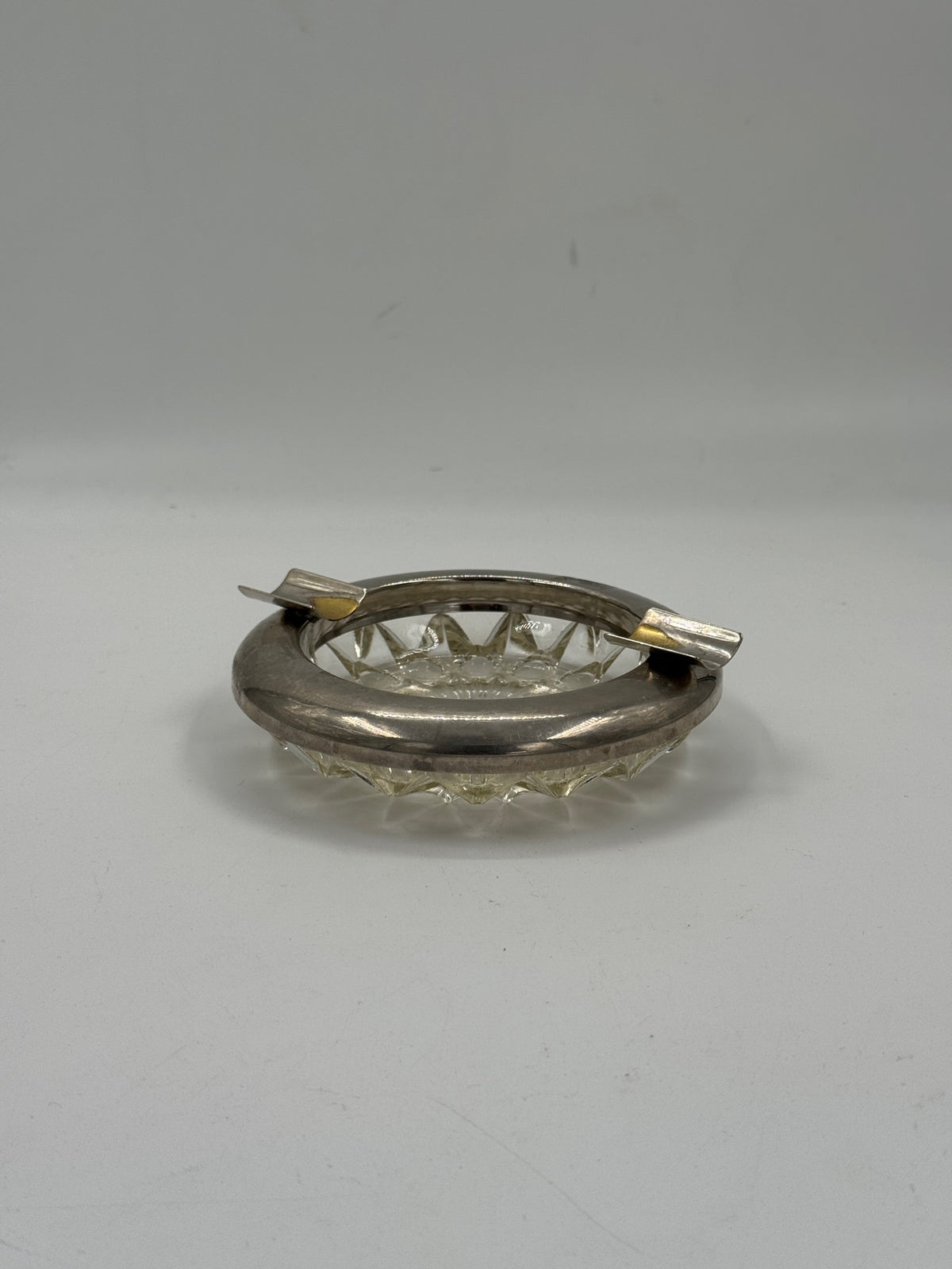 Vintage Cut Glass Ashtray with Silver-Plated Rim and Gilt Rests