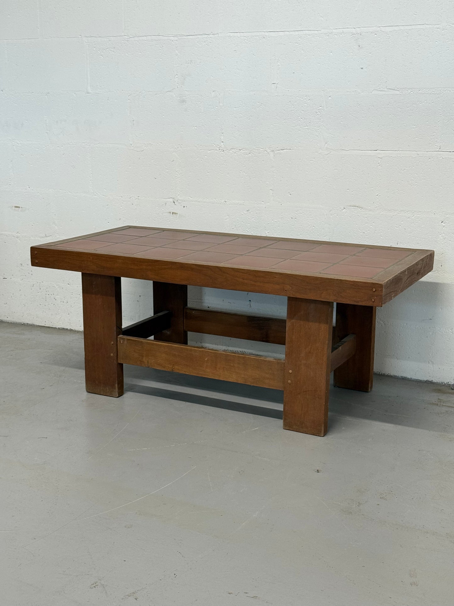 Vintage Solid Wood Coffee Table with Terracotta Tile Top