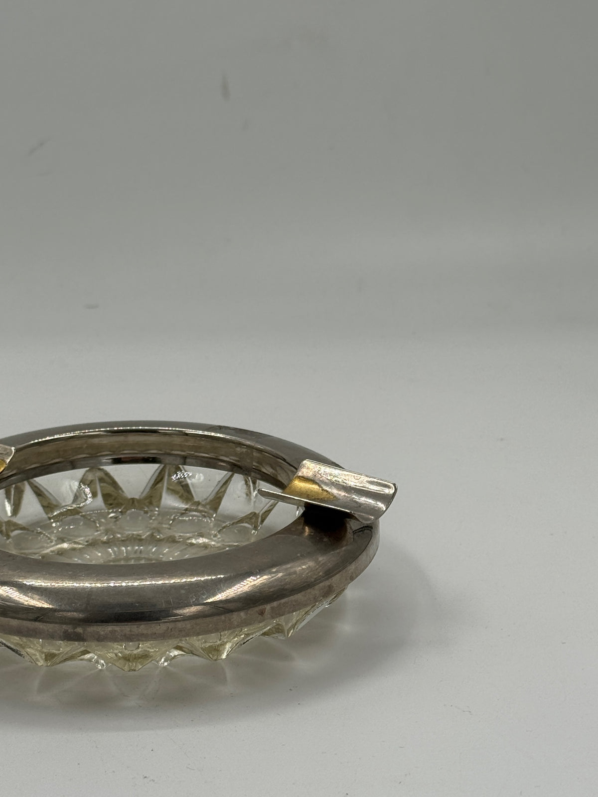 Vintage Cut Glass Ashtray with Silver-Plated Rim and Gilt Rests