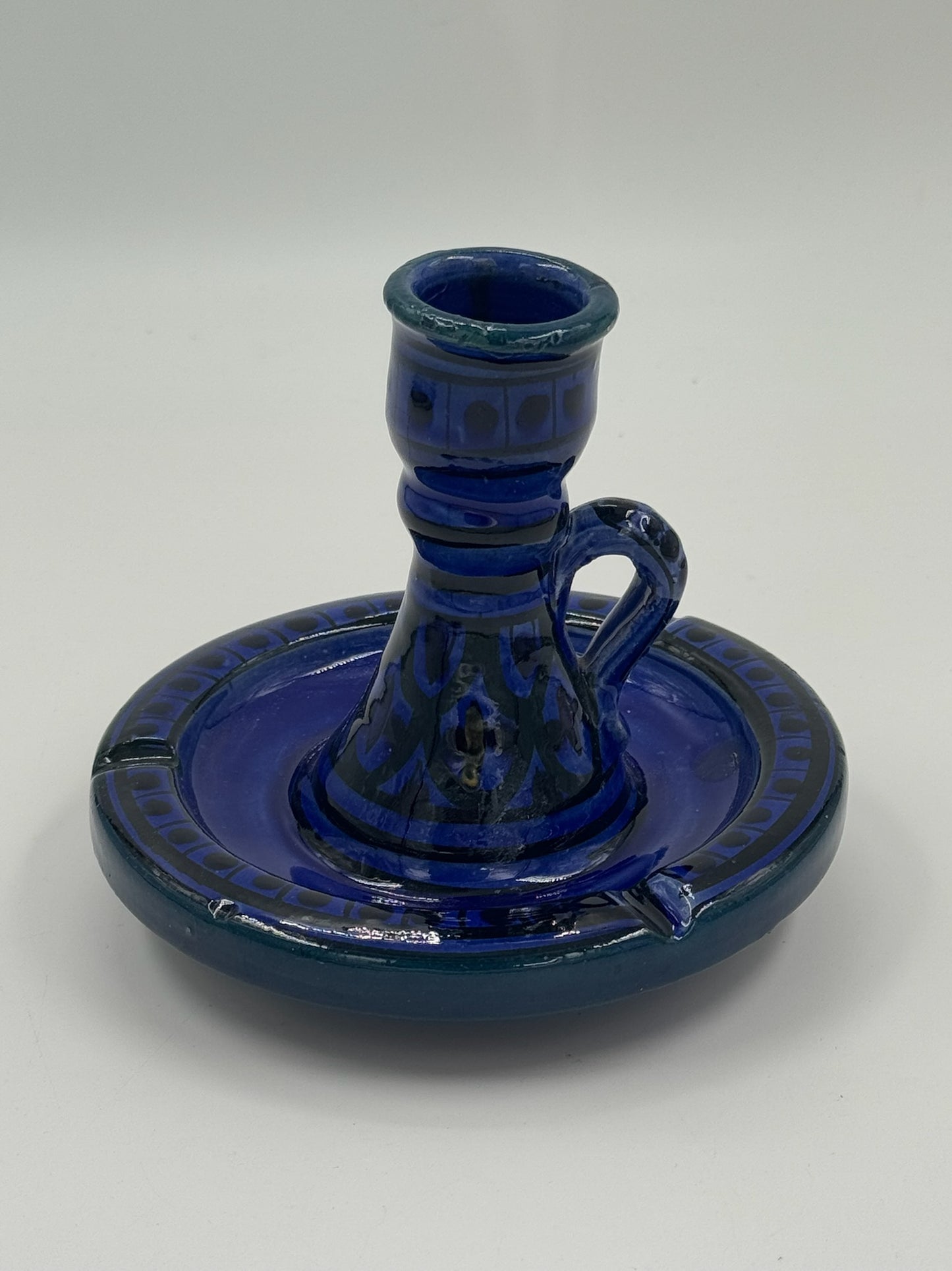 Vintage Cobalt Blue Glazed Ceramic Chamberstick