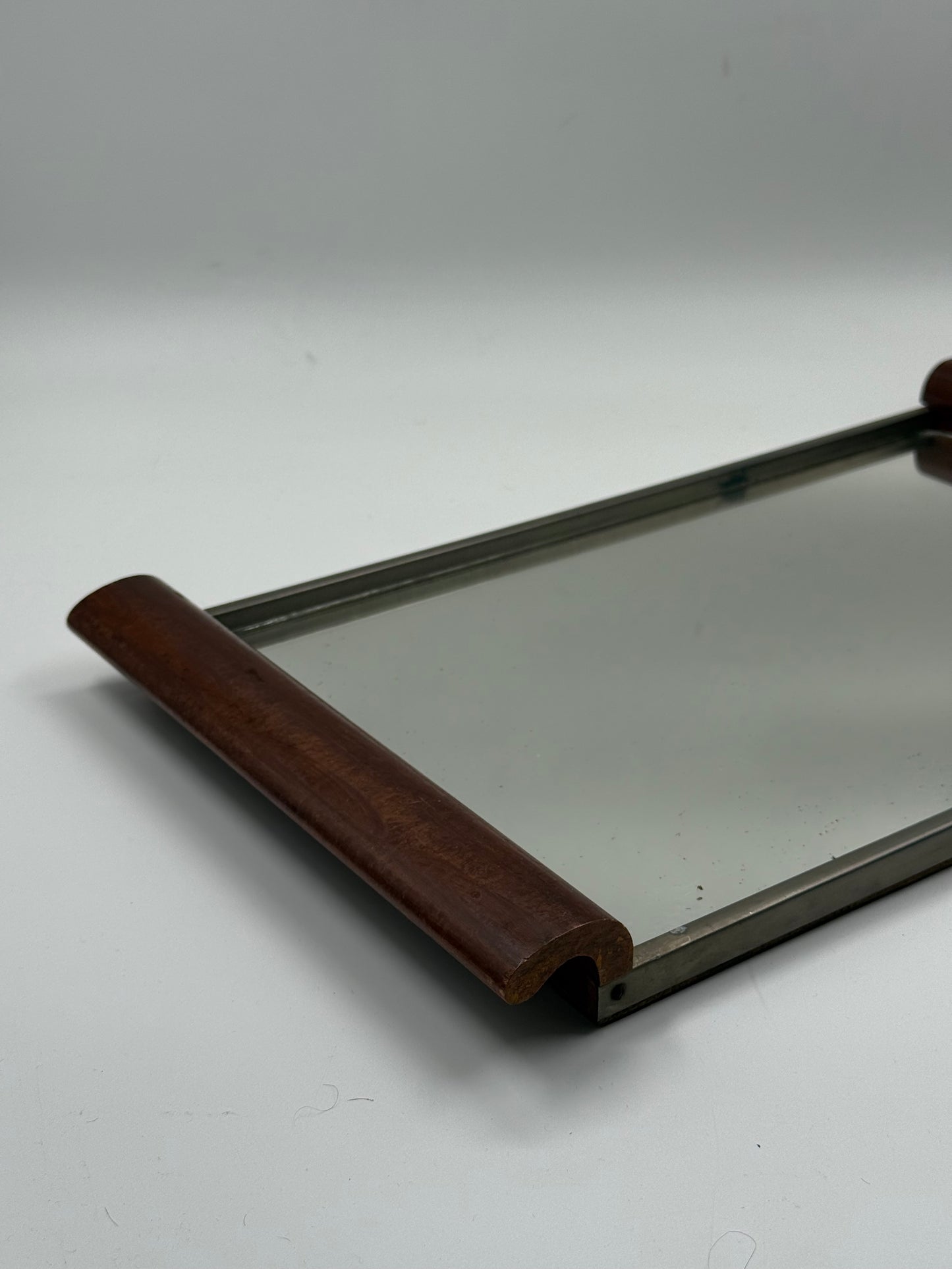 Vintage Mirror Tray with Wooden Handles Metal Frame Serving Tray