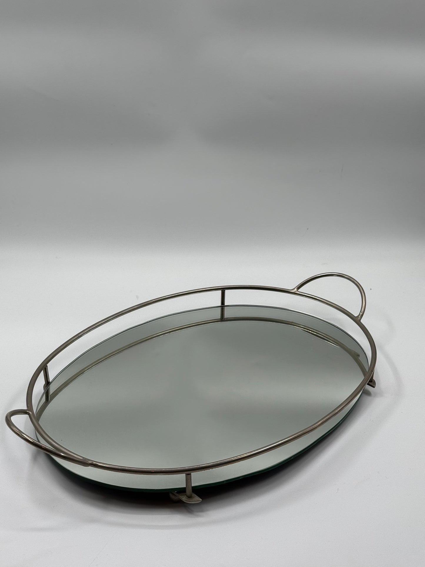 Chrome & Mirror Oval Tray Mid-Century Reflective Piece