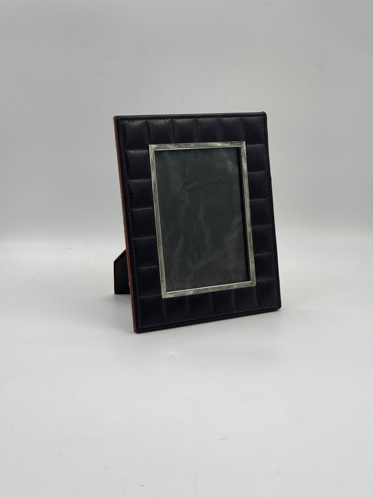 Pair of Quilted Brown Leather Photo Frames with Silver-Tone Bezels