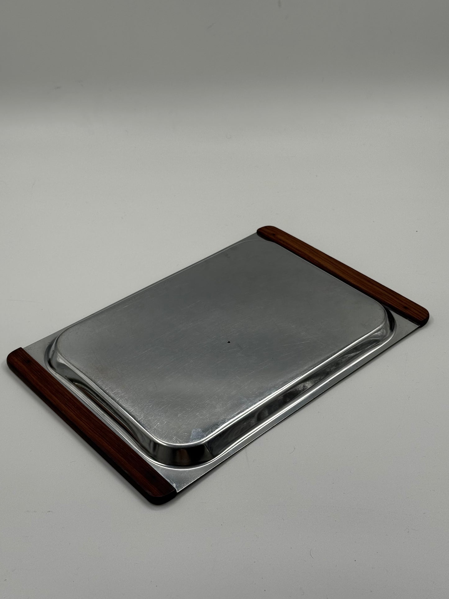 Aluminum Serving Tray with Teak Handles Mid-Century Modern