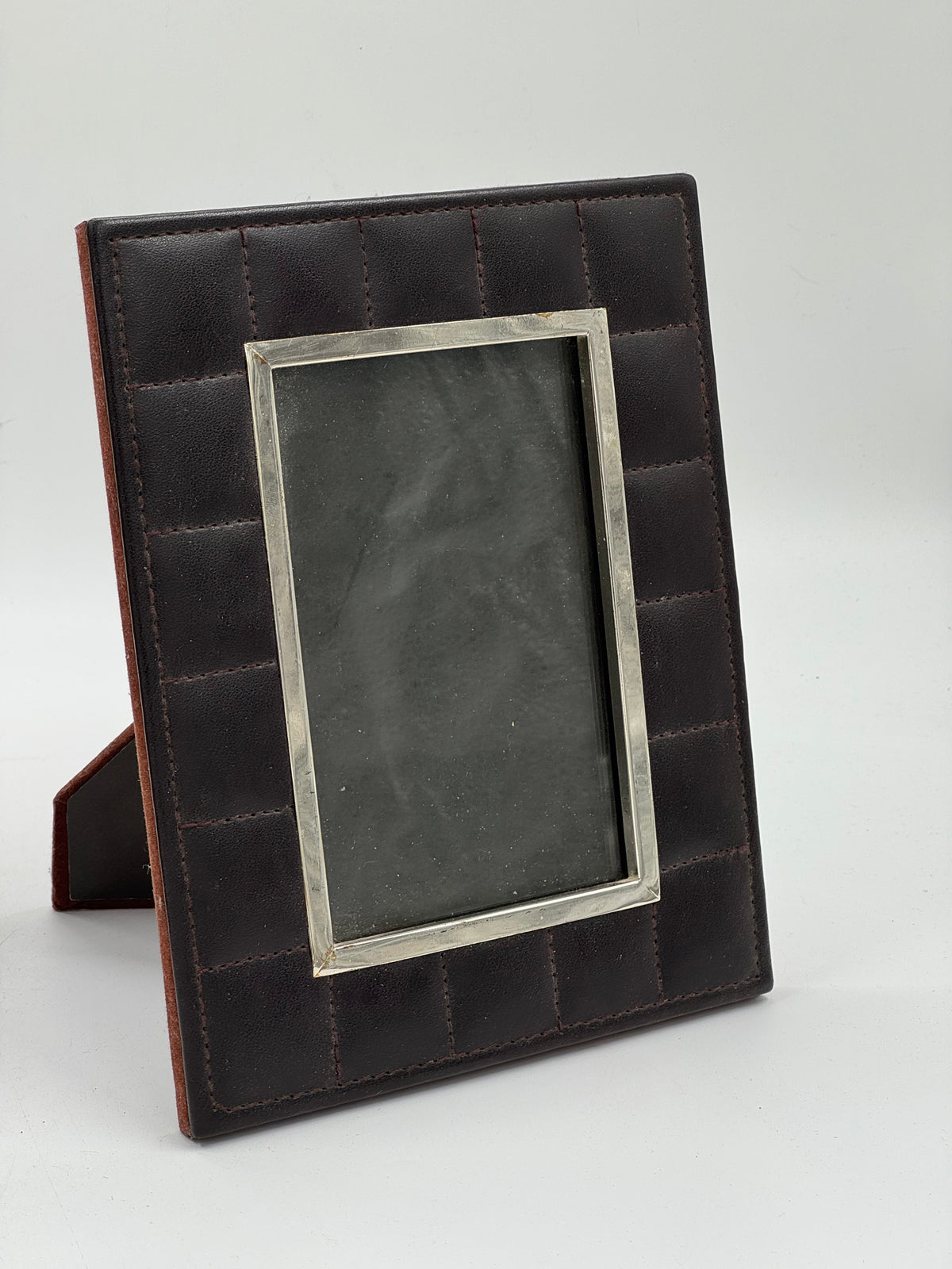 Pair of Quilted Brown Leather Photo Frames with Silver-Tone Bezels