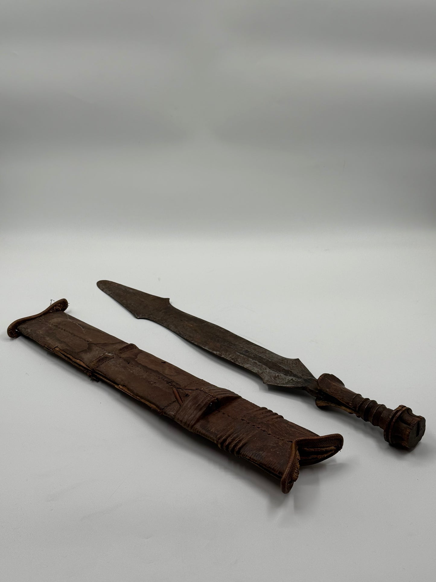 19th-Century Central African Forged Iron Sword with Leather Scabbard