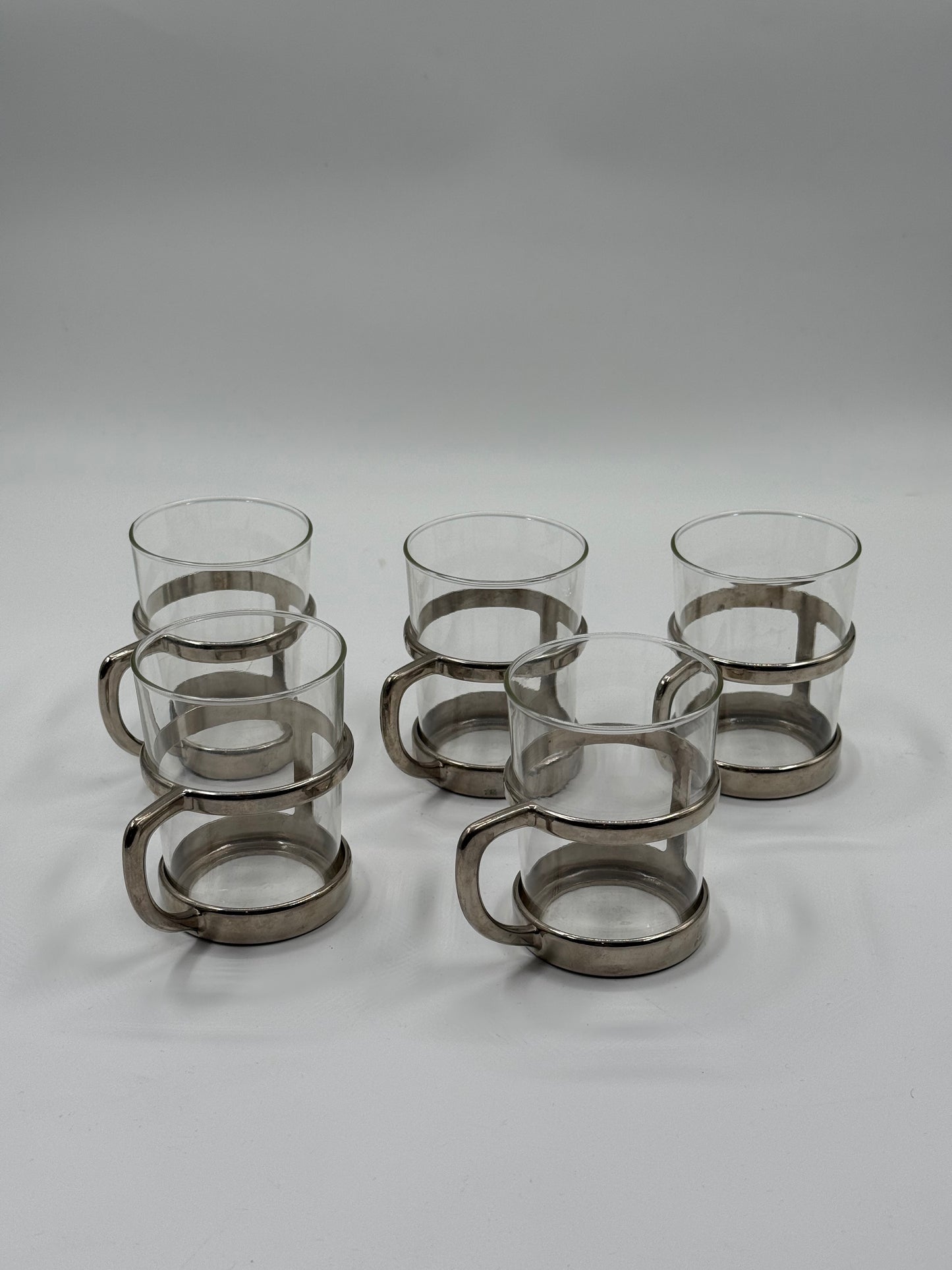 Modernist Tea Glasses with Sculptural Steel Holders, Set of Five (1970s)