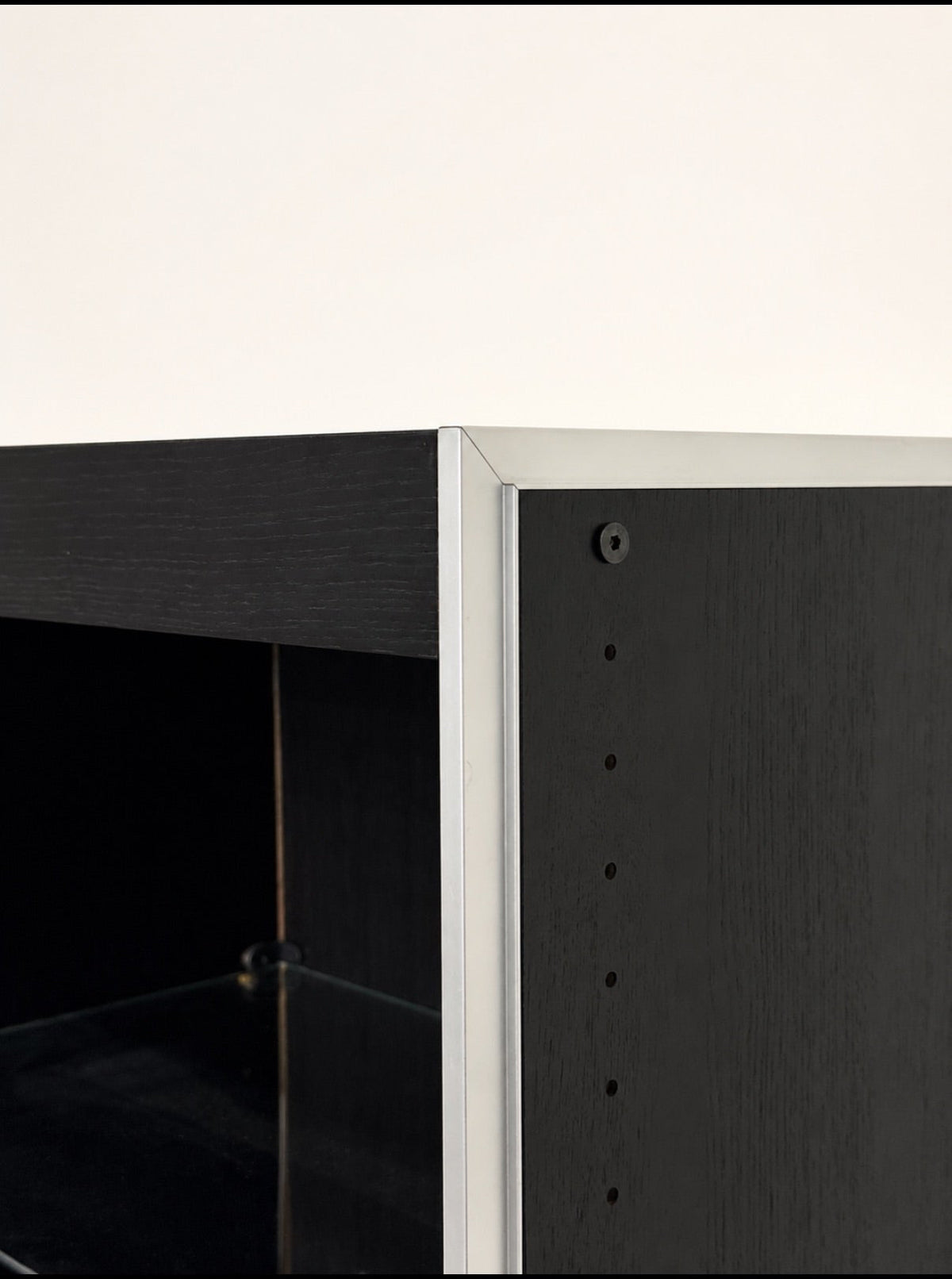 Vintage Black Wood Double Bookcase with Aluminum Trim and Glass Shelves