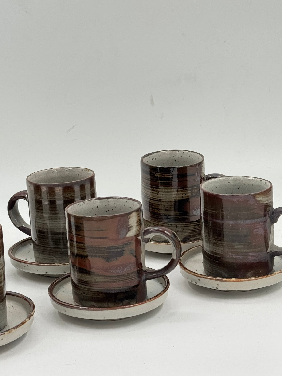 Set of 6 Vintage Handmade Stoneware Cups & Saucers