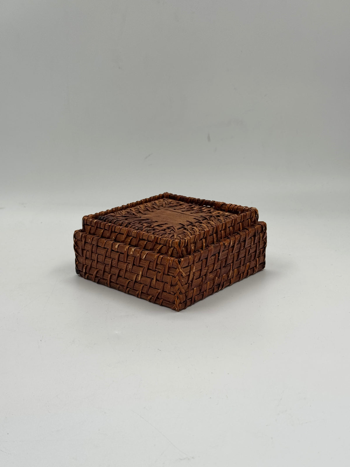 Set of 6 Vintage Woven Rattan Coasters with Storage Box