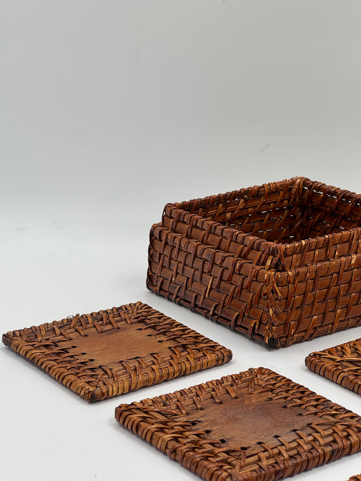 Set of 6 Vintage Woven Rattan Coasters with Storage Box