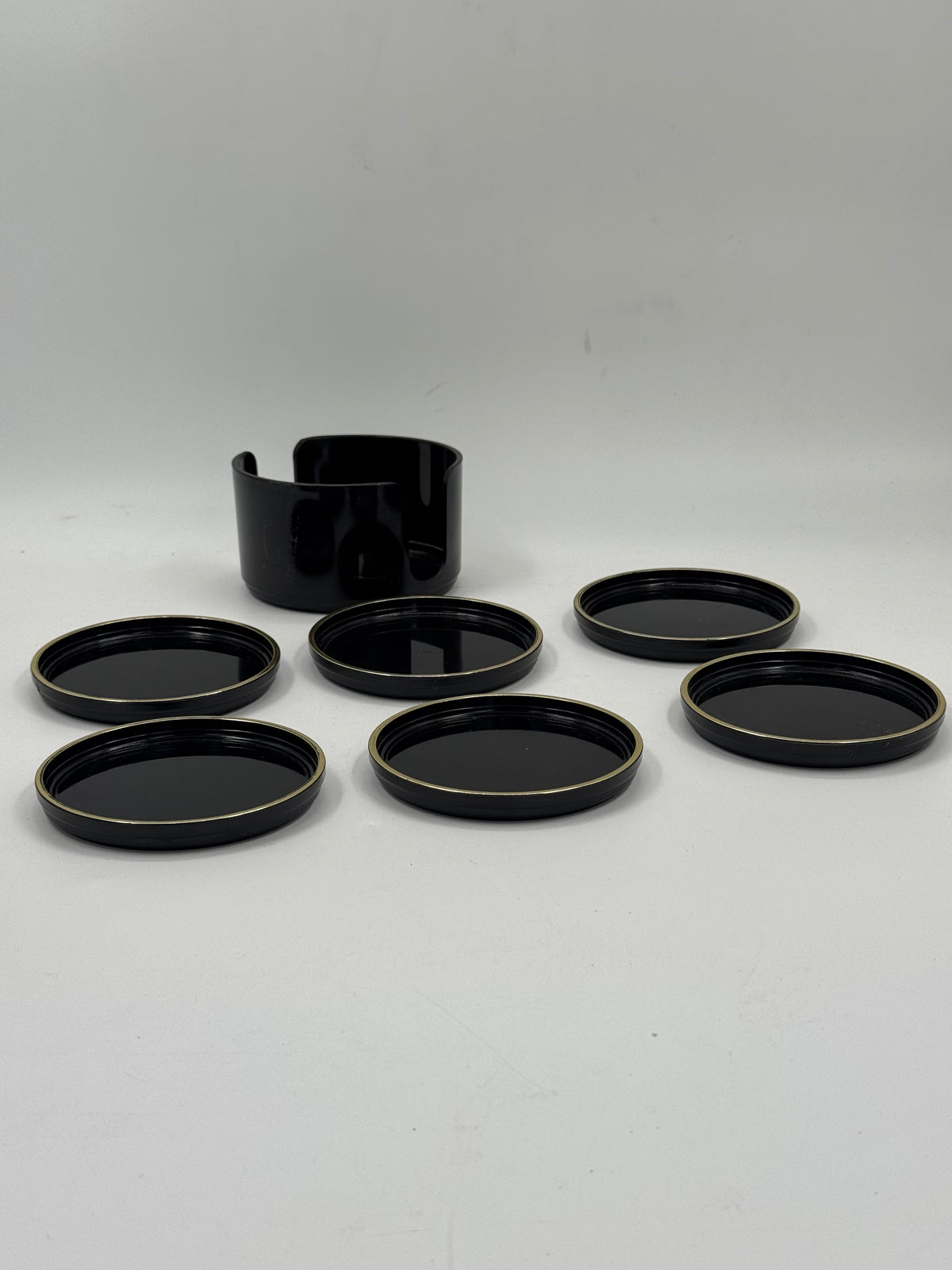 Set of 6 Vintage Black Lacquer Coasters with Caddy