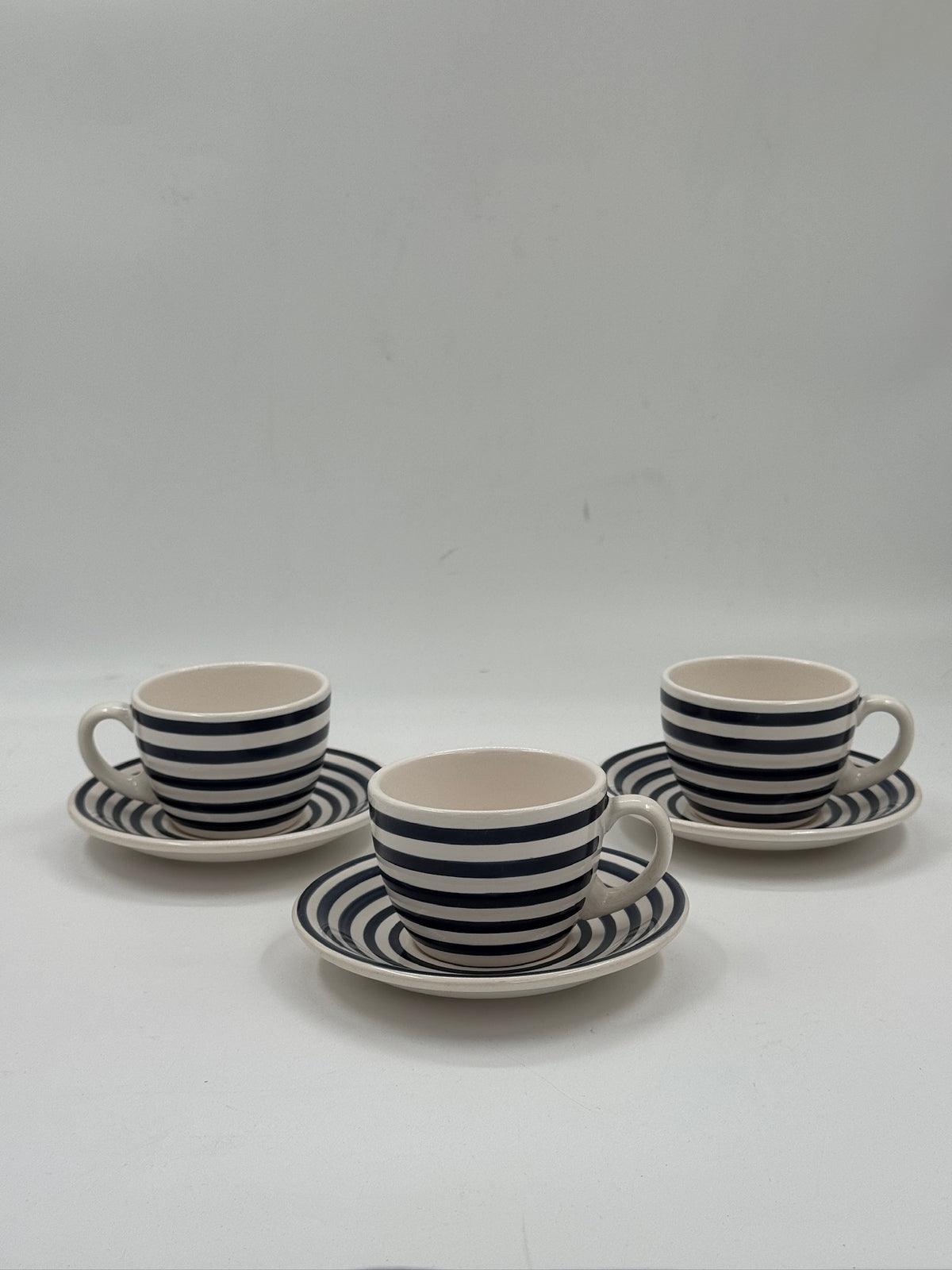 Vintage Hand-Painted Navy Striped Ceramic Espresso Cups & Saucers, Set of 3