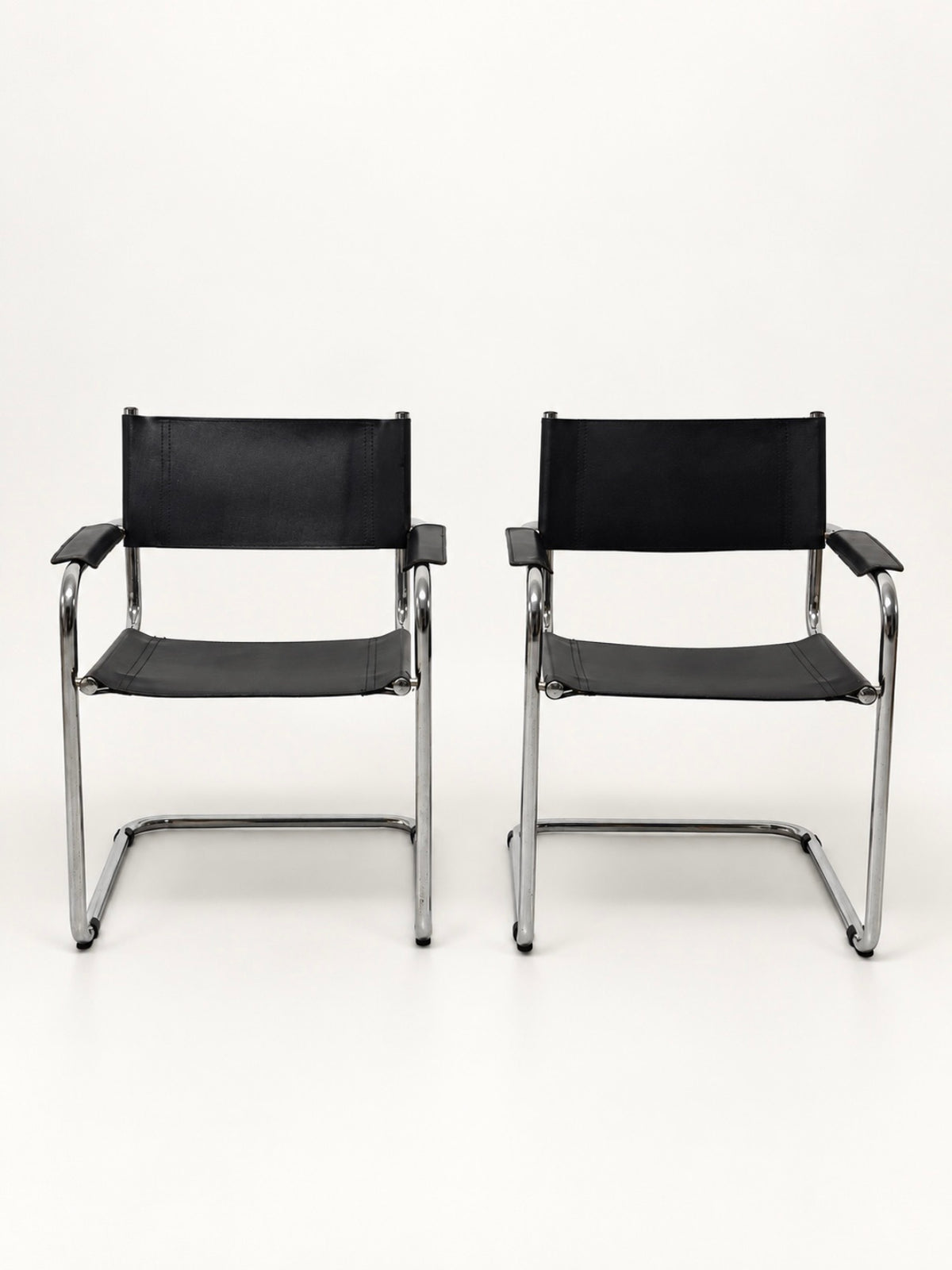 Bauhaus Style Cantilever Armchairs, Black Leather & Chrome, Pair