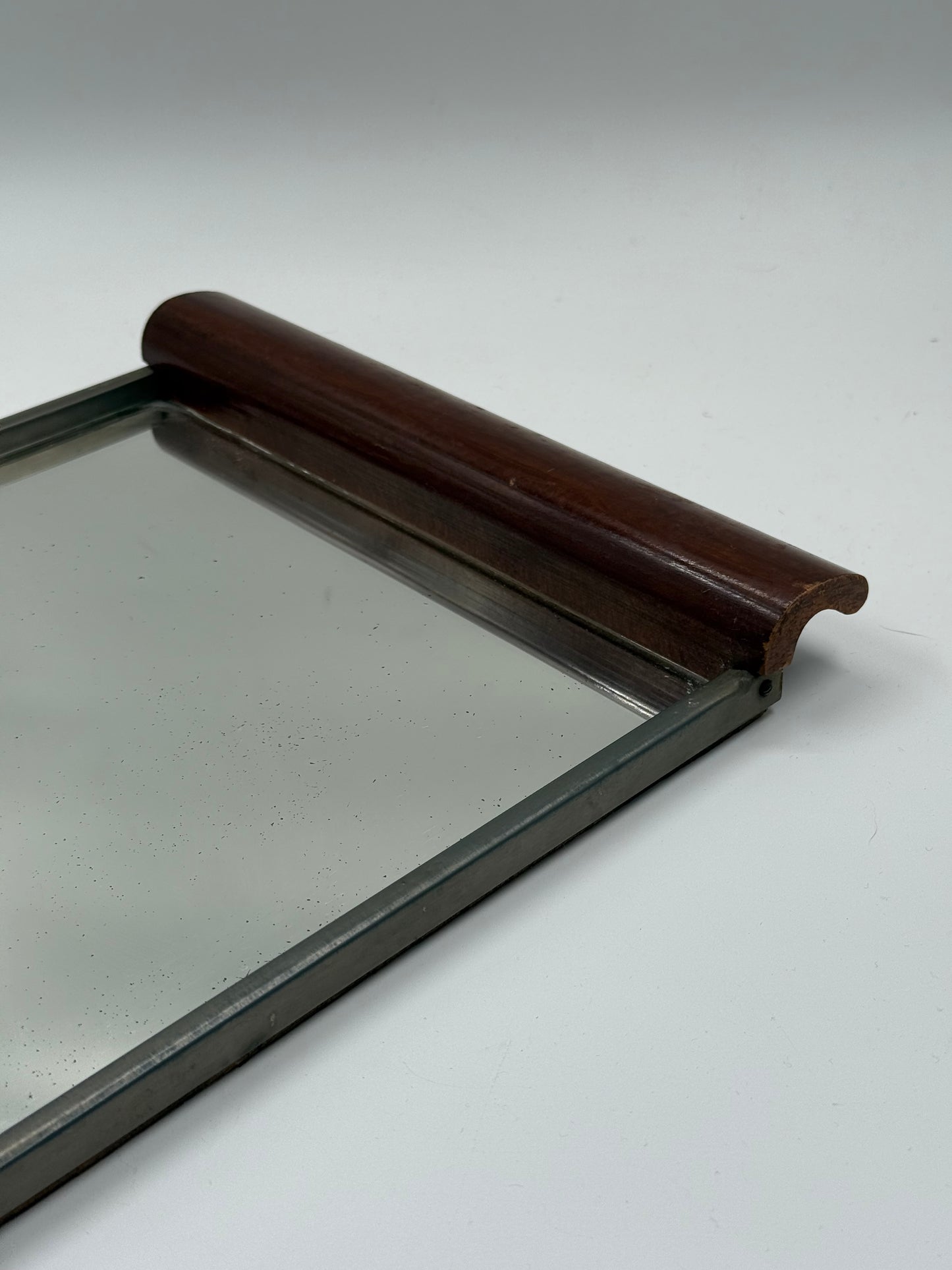 Vintage Mirror Tray with Wooden Handles Metal Frame Serving Tray