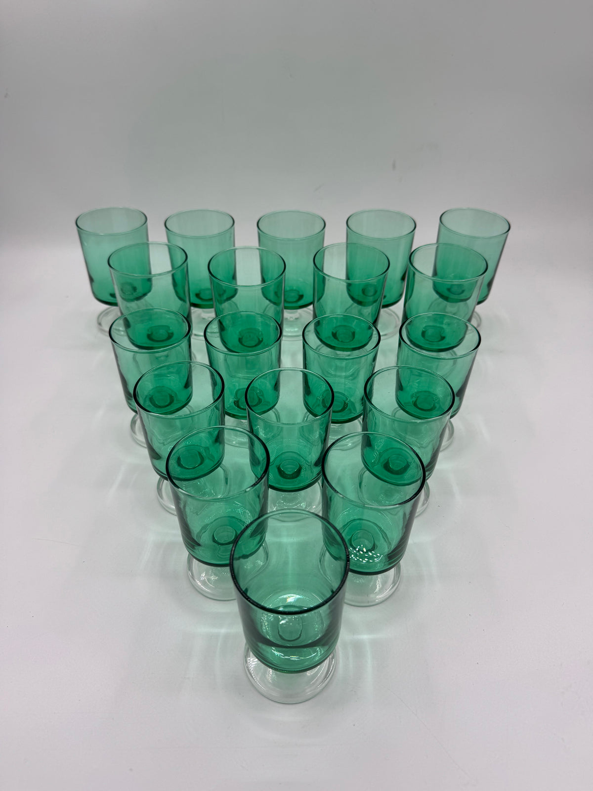 Set of 19 Vintage Green Glass Footed Tumblers, Two Sizes