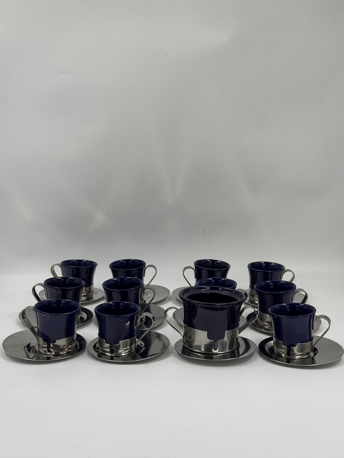 Set of 11 Vintage Cobalt Blue Cups & Saucers with Jug, Steel Holders