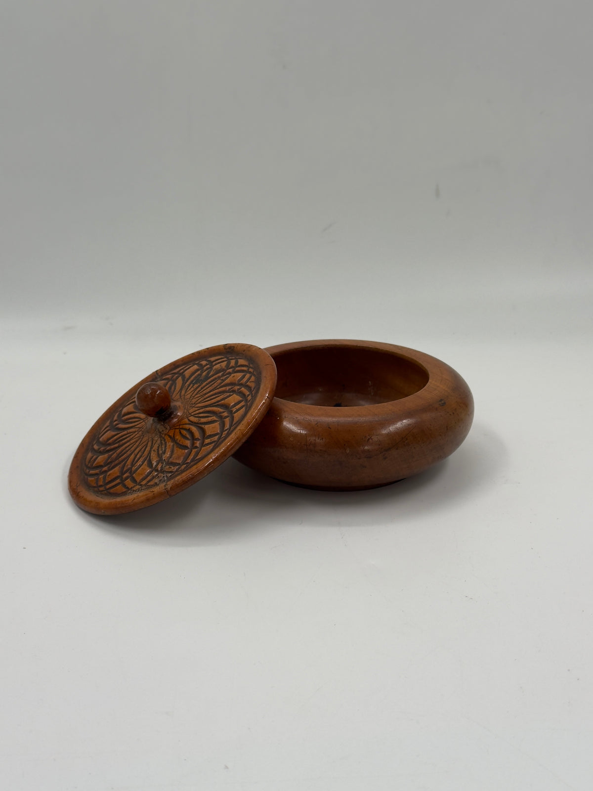 Vintage Carved Wood Lidded Box with Geometric Motif