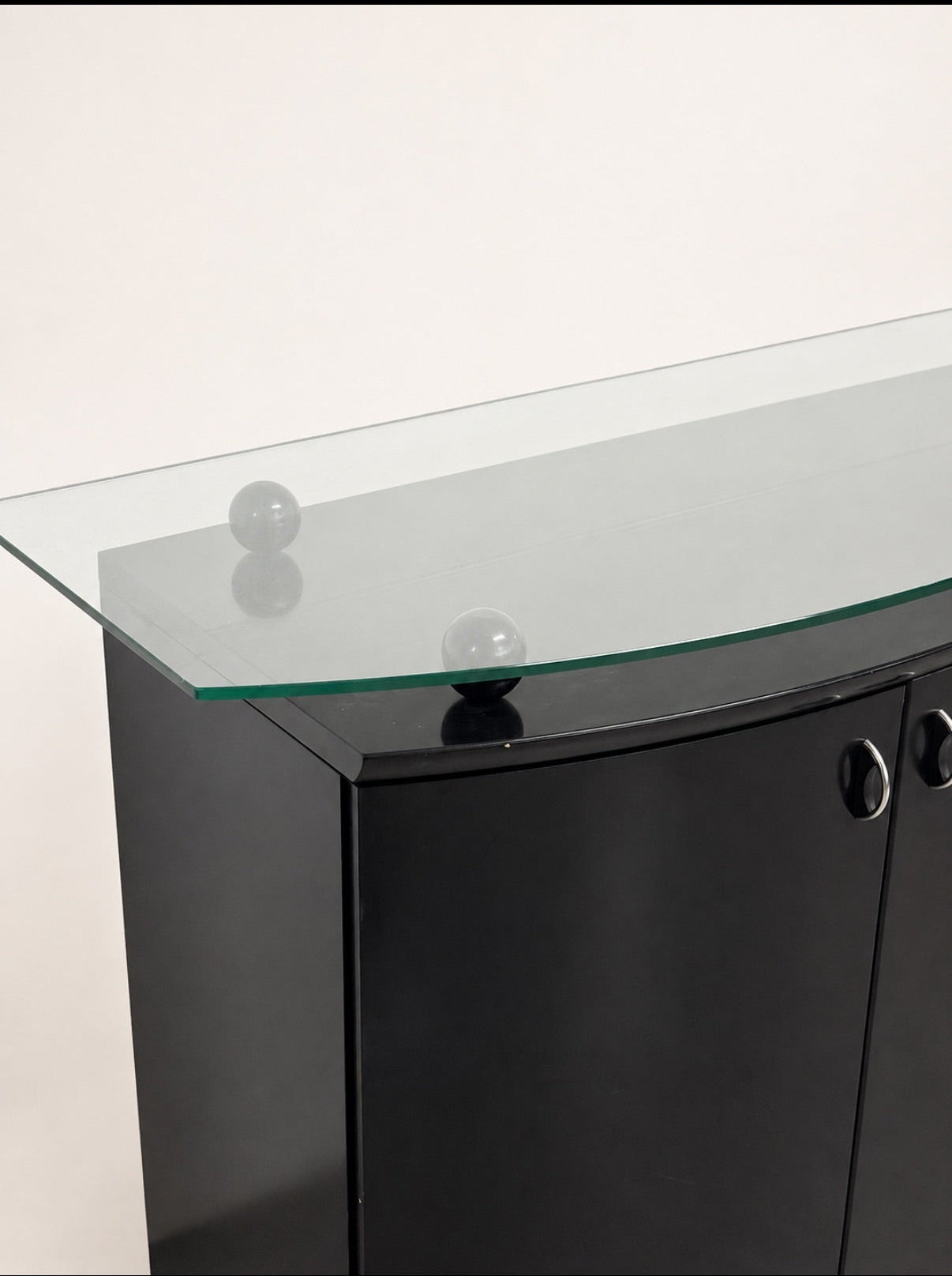 Postmodern Black Lacquer Sideboard with Raised Glass Top on Ball Feet
