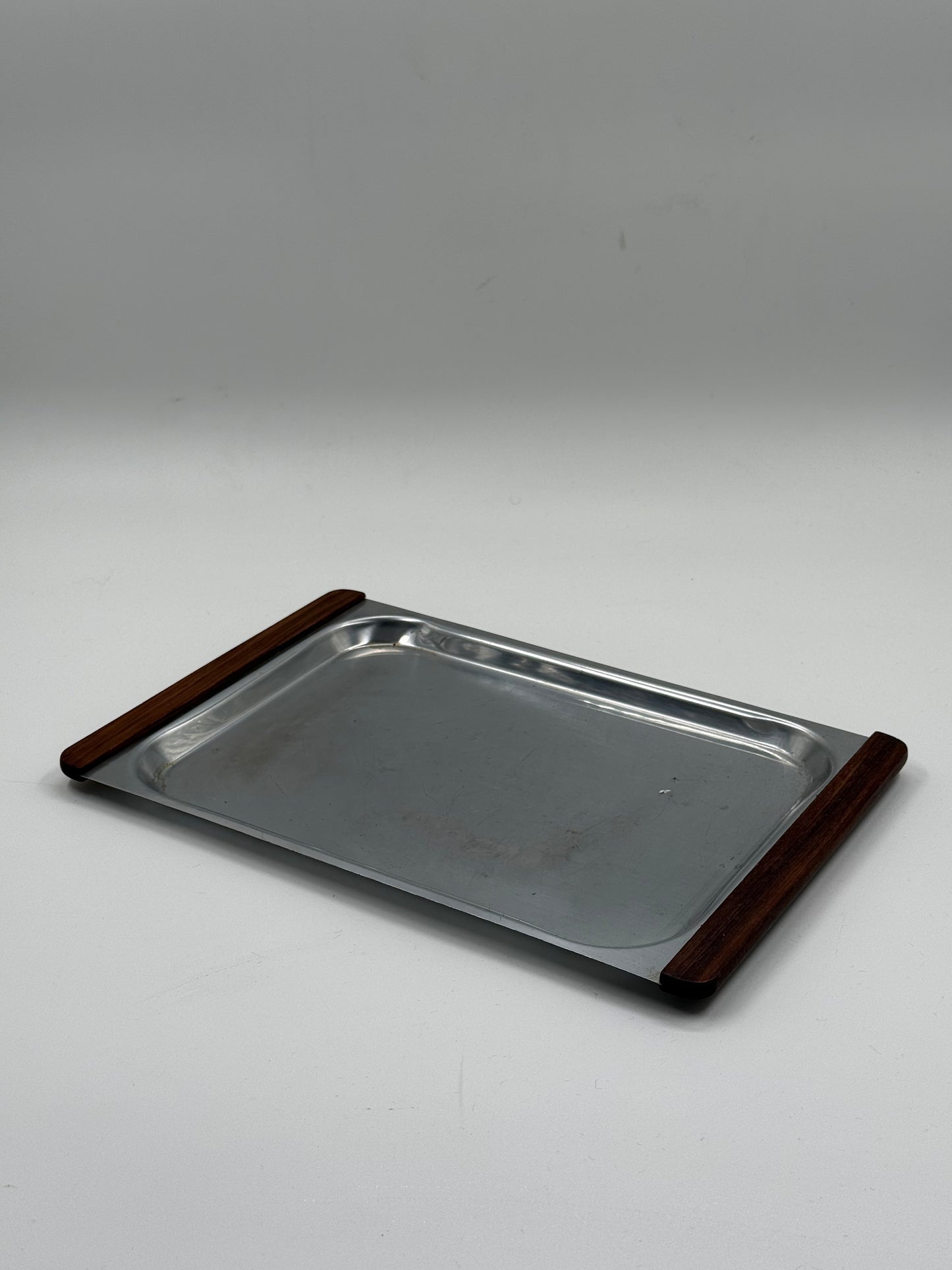 Aluminum Serving Tray with Teak Handles Mid-Century Modern