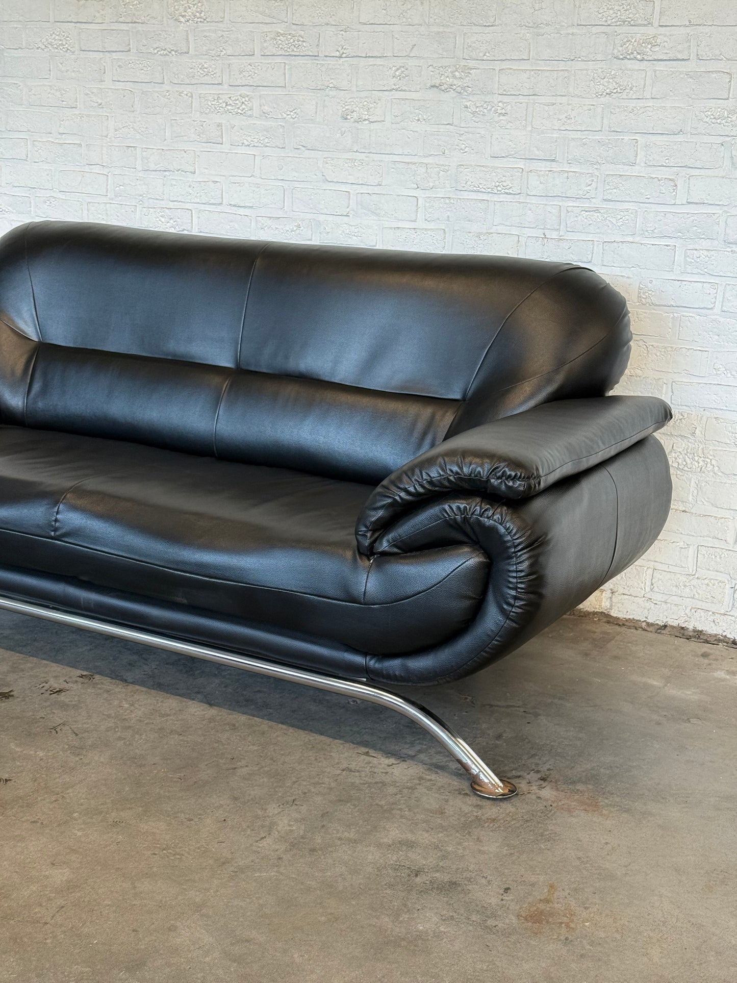 Vintage Italian Three-Seat Sofa in Black Leather & Chrome