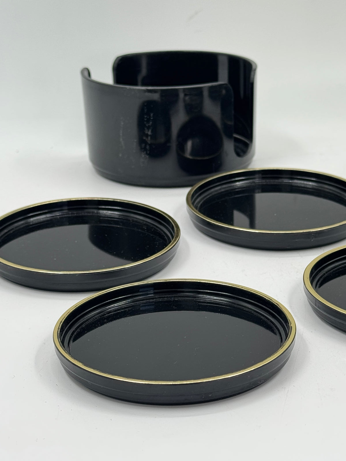 Set of 6 Vintage Black Lacquer Coasters with Caddy