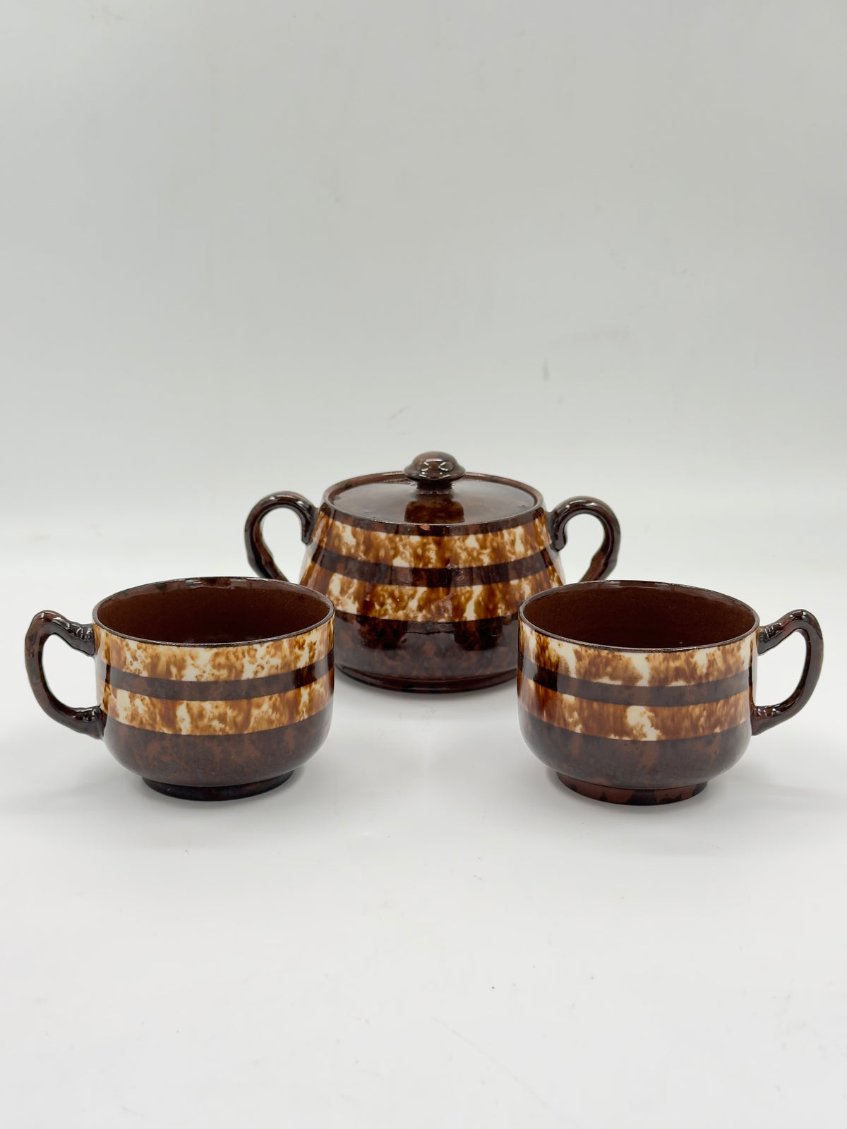 Vintage Tortoiseshell-Glaze Ceramic Sugar Bowl and Cups Set