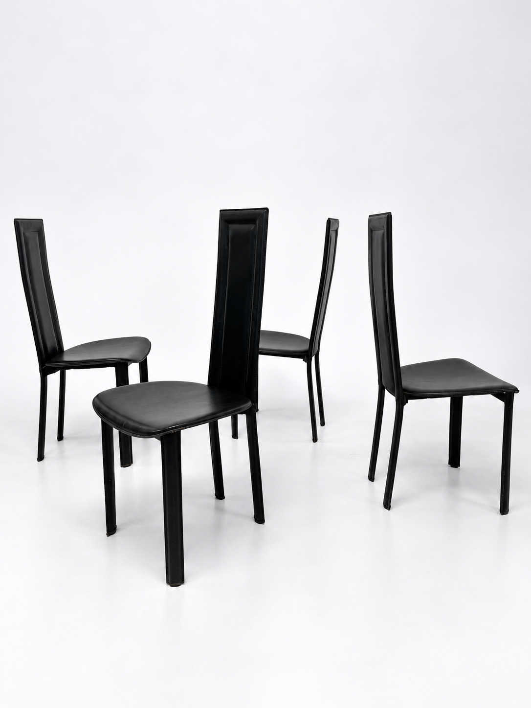 Italian Black Leather High-Back Dining Chairs, Set of 4