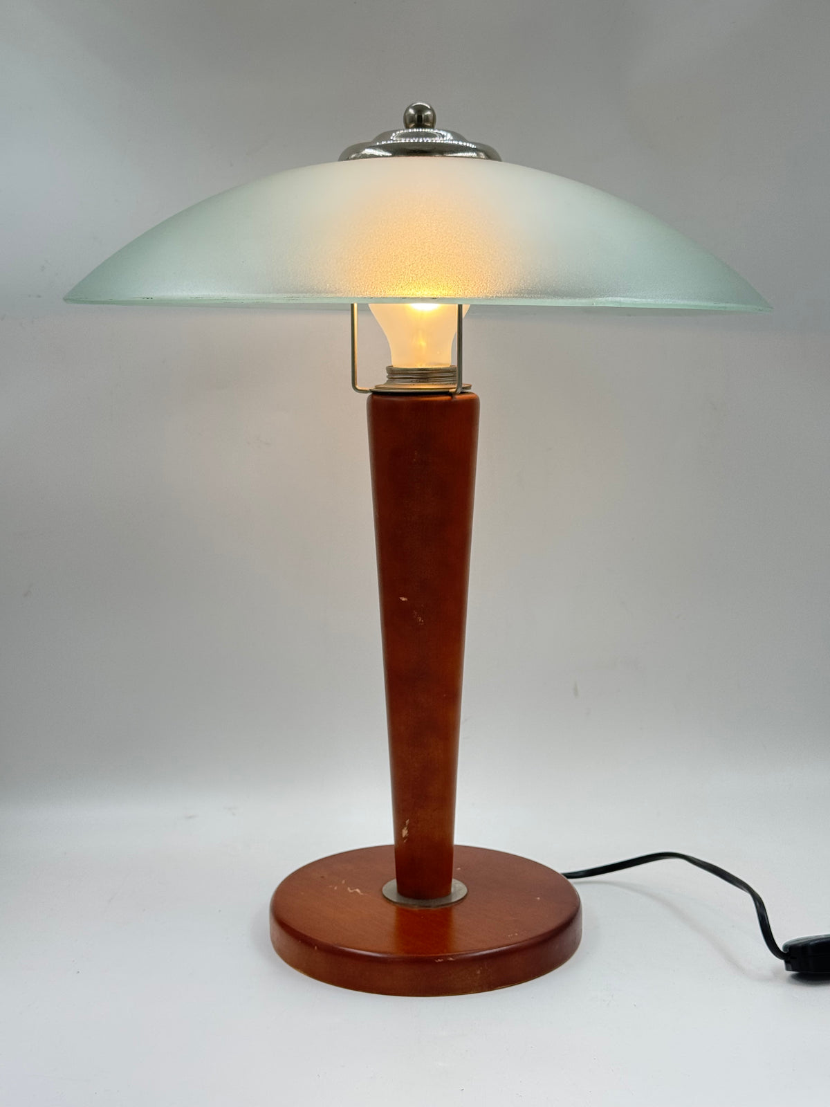 Vintage Mushroom Table Lamp, Cherry Wood & Frosted Glass