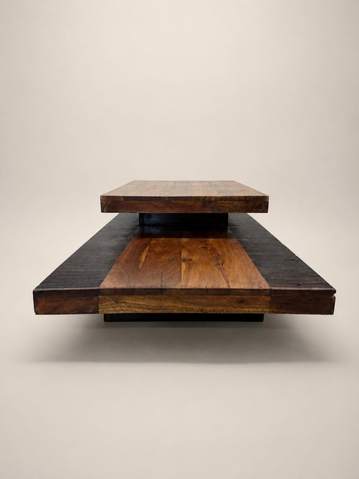 Sculptural Two-Tier Wood Coffee Table with Fluted Base