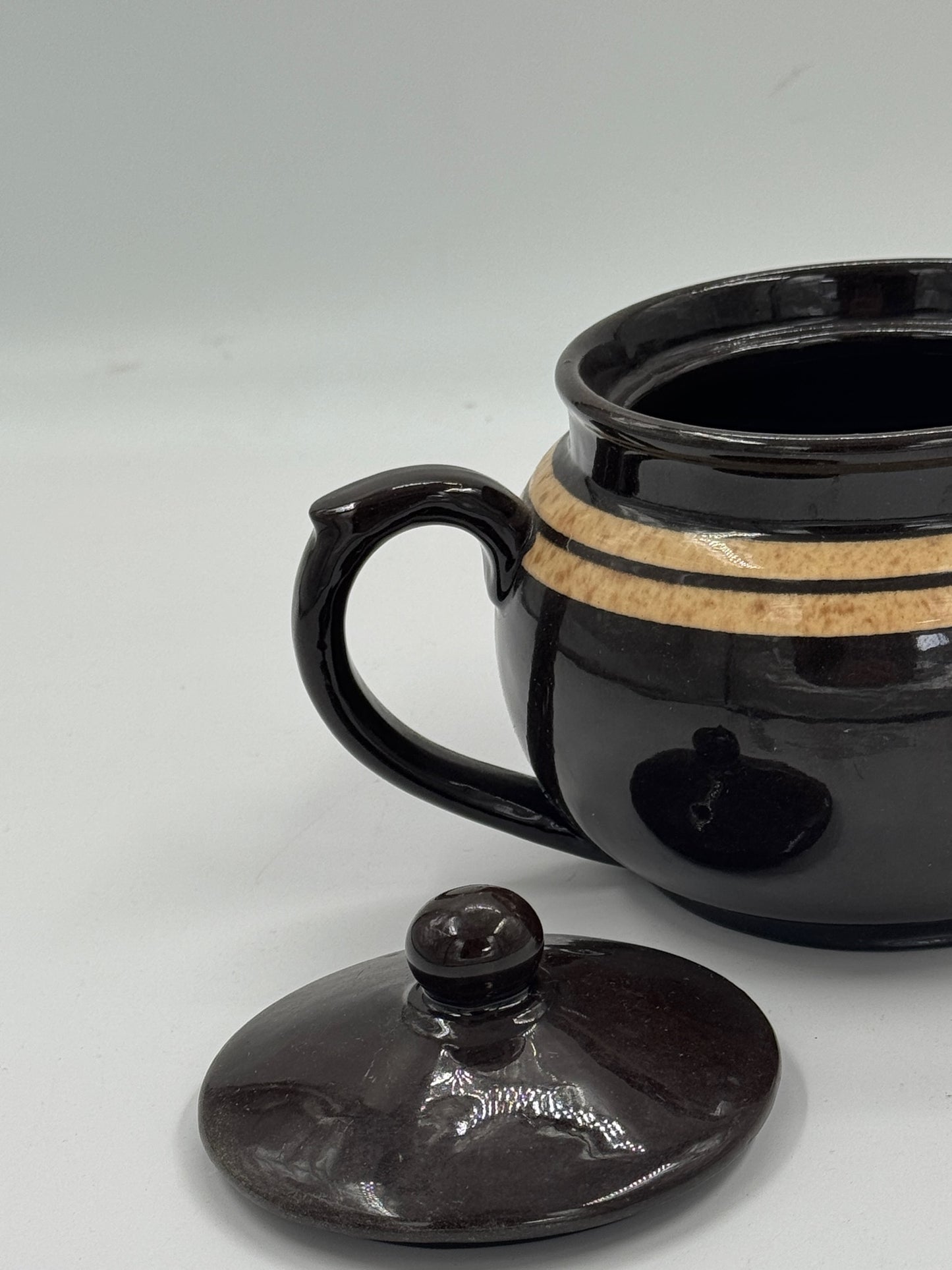 Vintage Brown Glazed Ceramic Teapot with Cream Banding