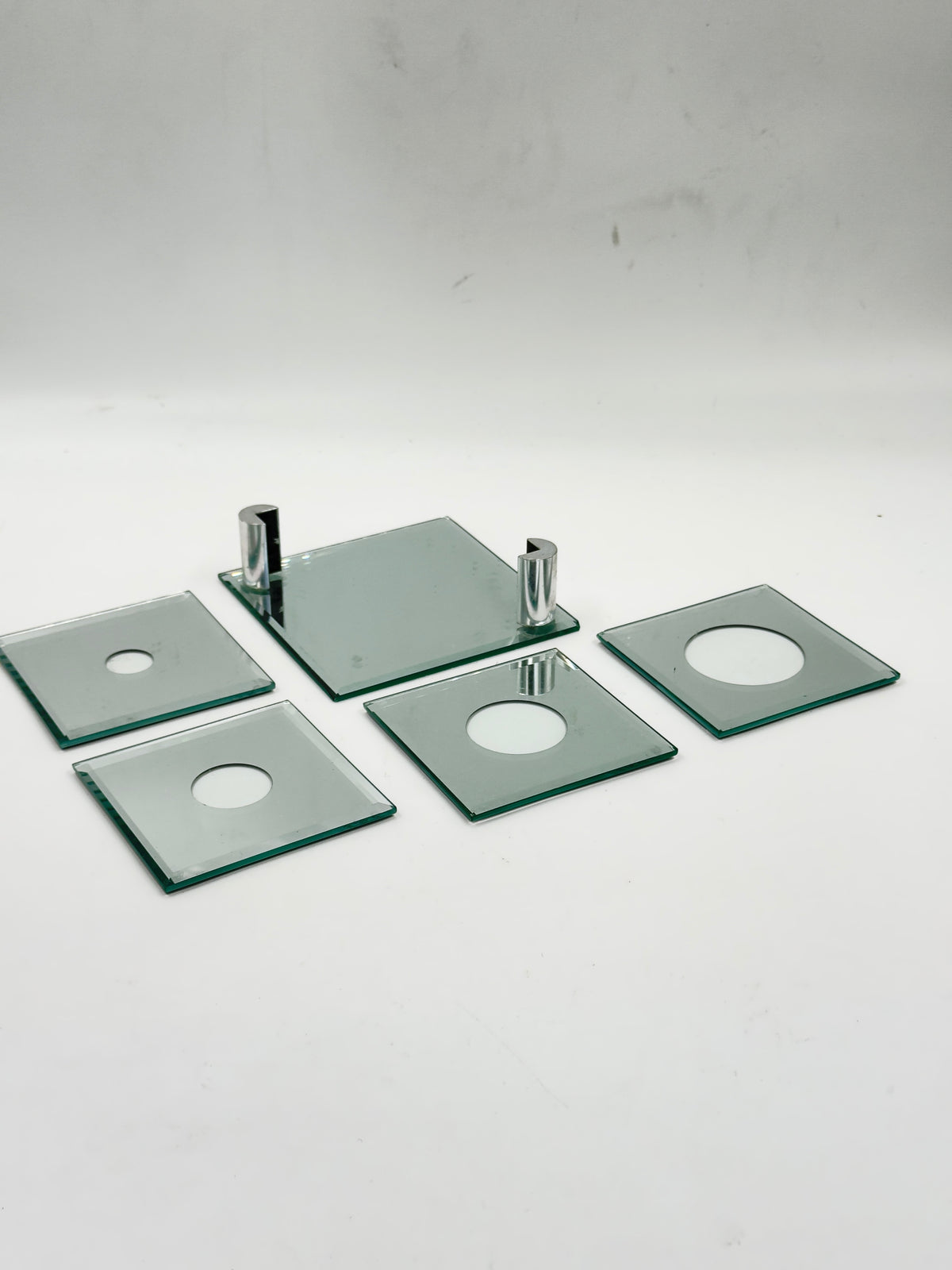 Vintage Postmodern Mirrored Glass Coaster Set with Chrome Stand