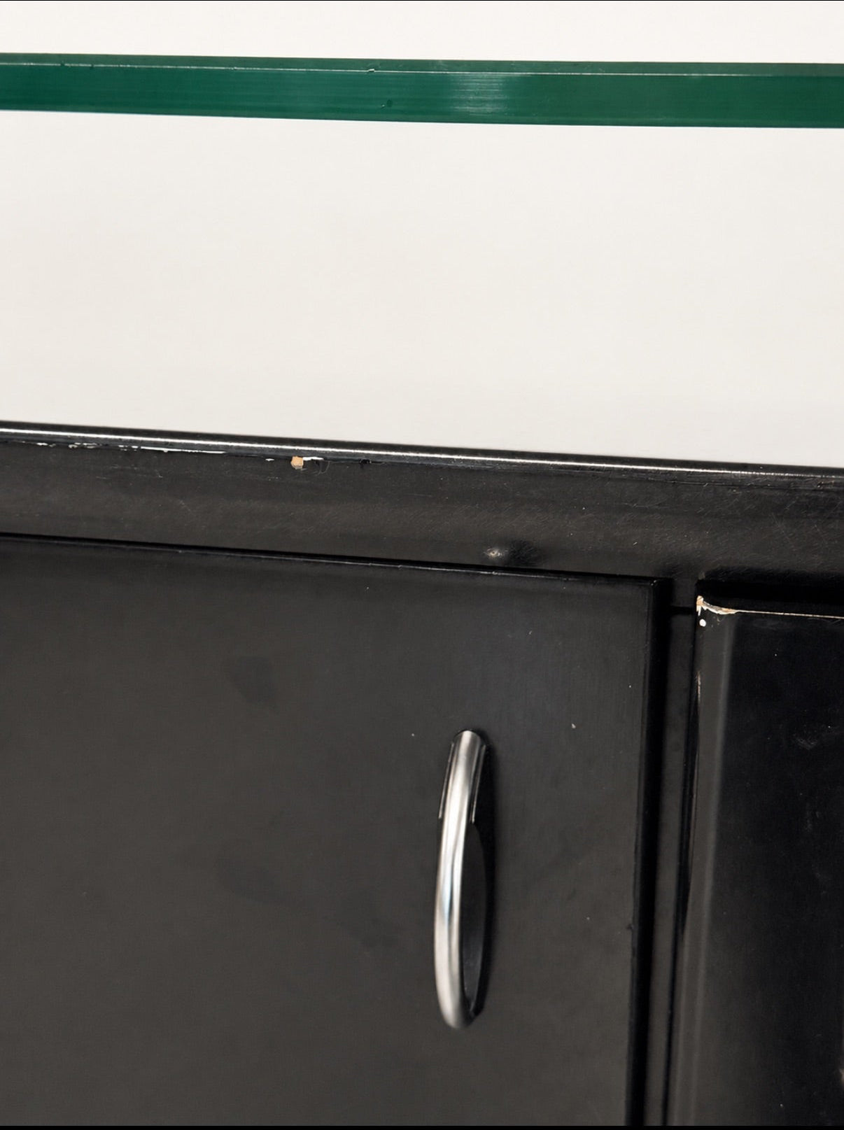 Postmodern Black Lacquer Sideboard with Raised Glass Top on Ball Feet