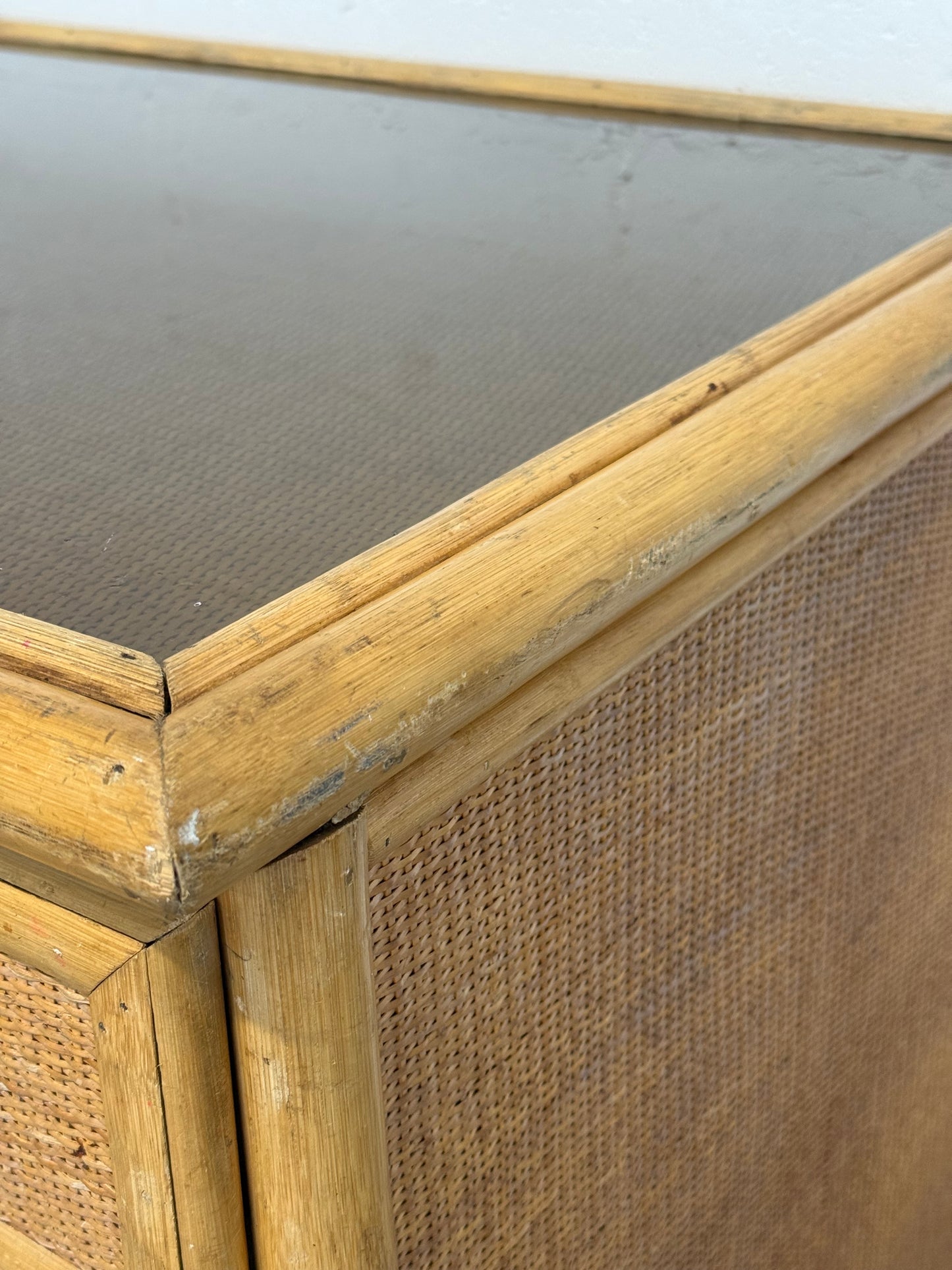 Vintage Bamboo and Woven Rattan Desk — Glass Top
