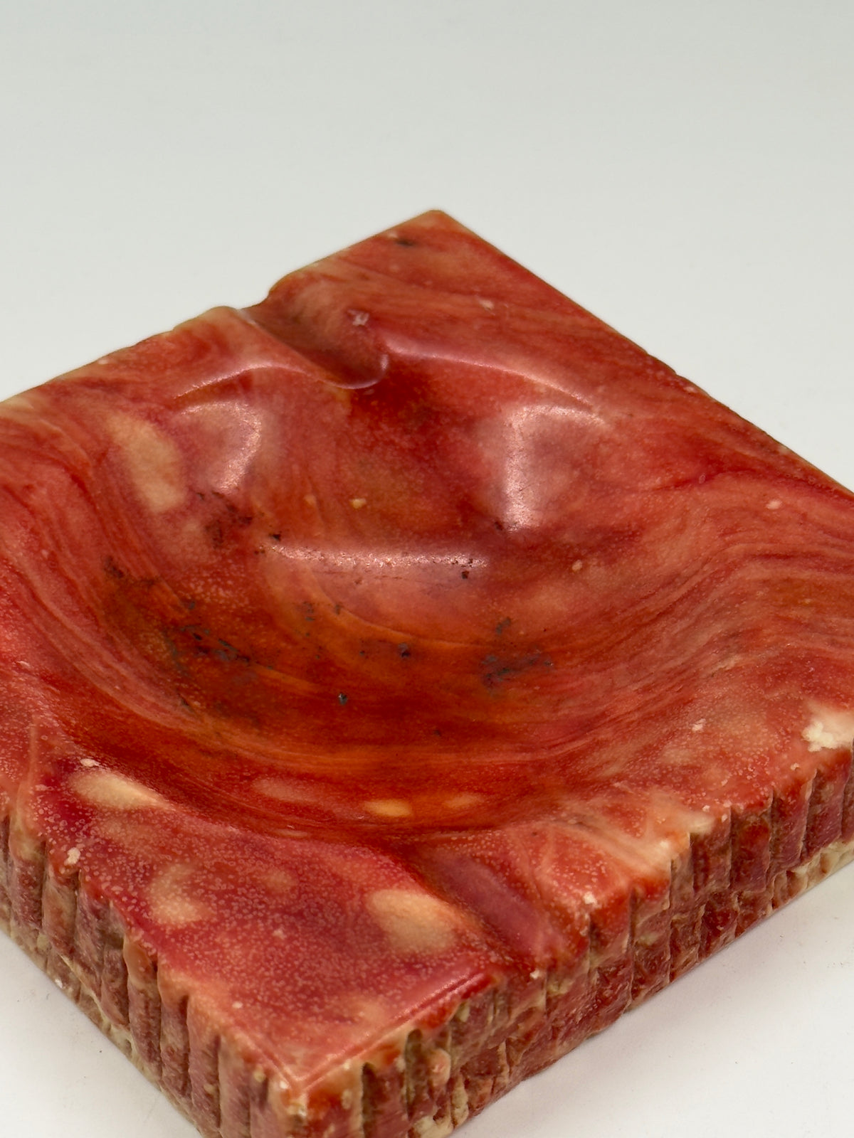 Vintage Hand-Carved Red Stone Ashtray with Chiseled Edges