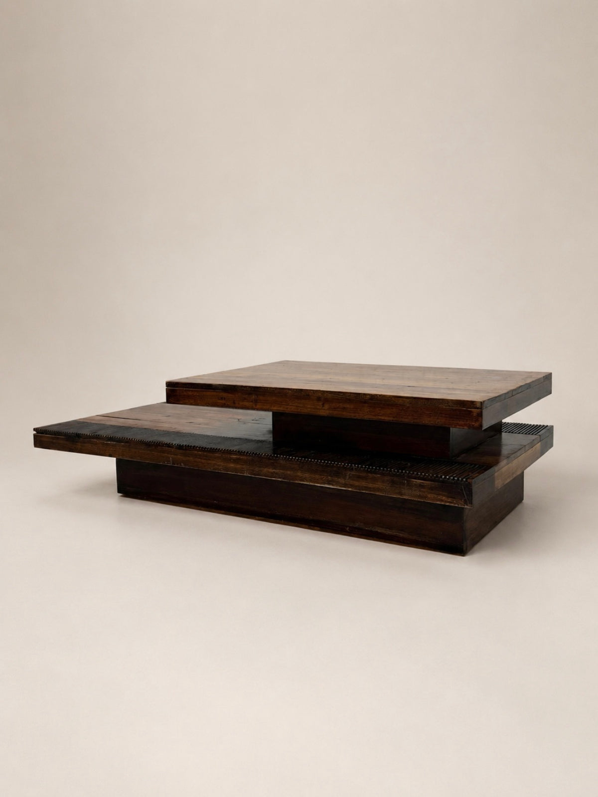 Sculptural Two-Tier Wood Coffee Table with Fluted Base