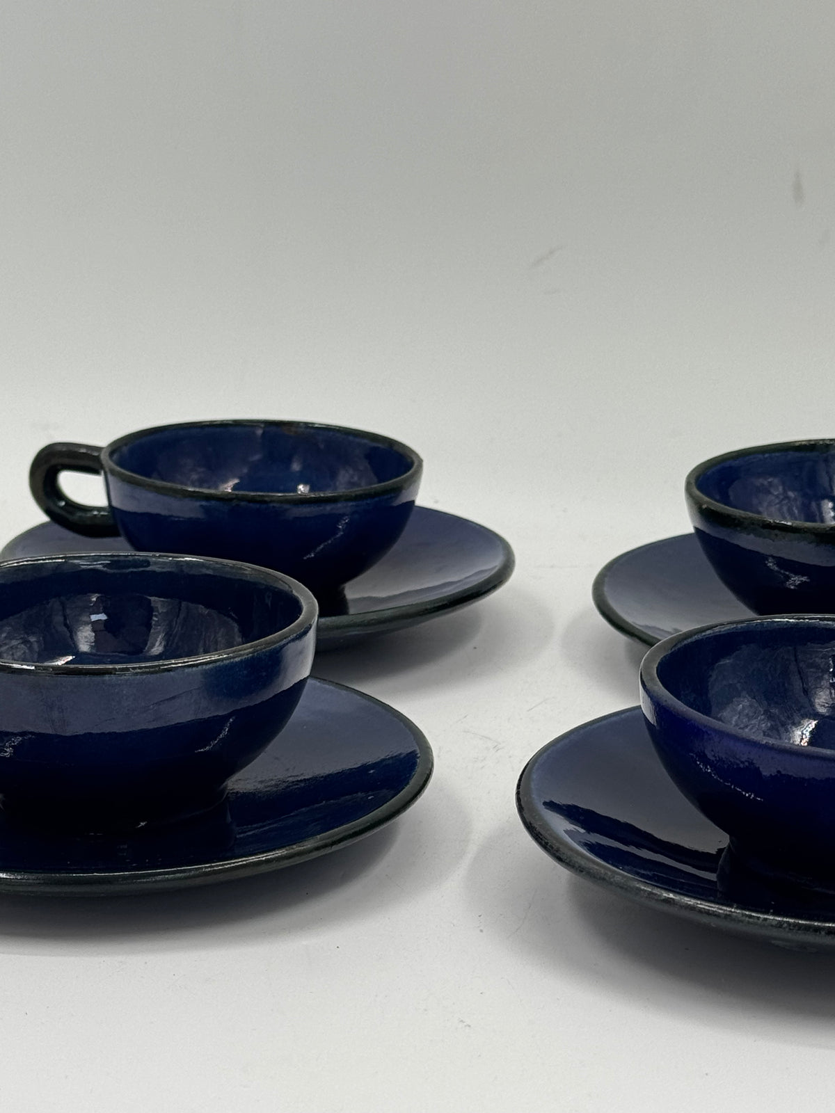 Set of 4 Vintage Studio Pottery Cups and Saucers, Cobalt Blue Glaze