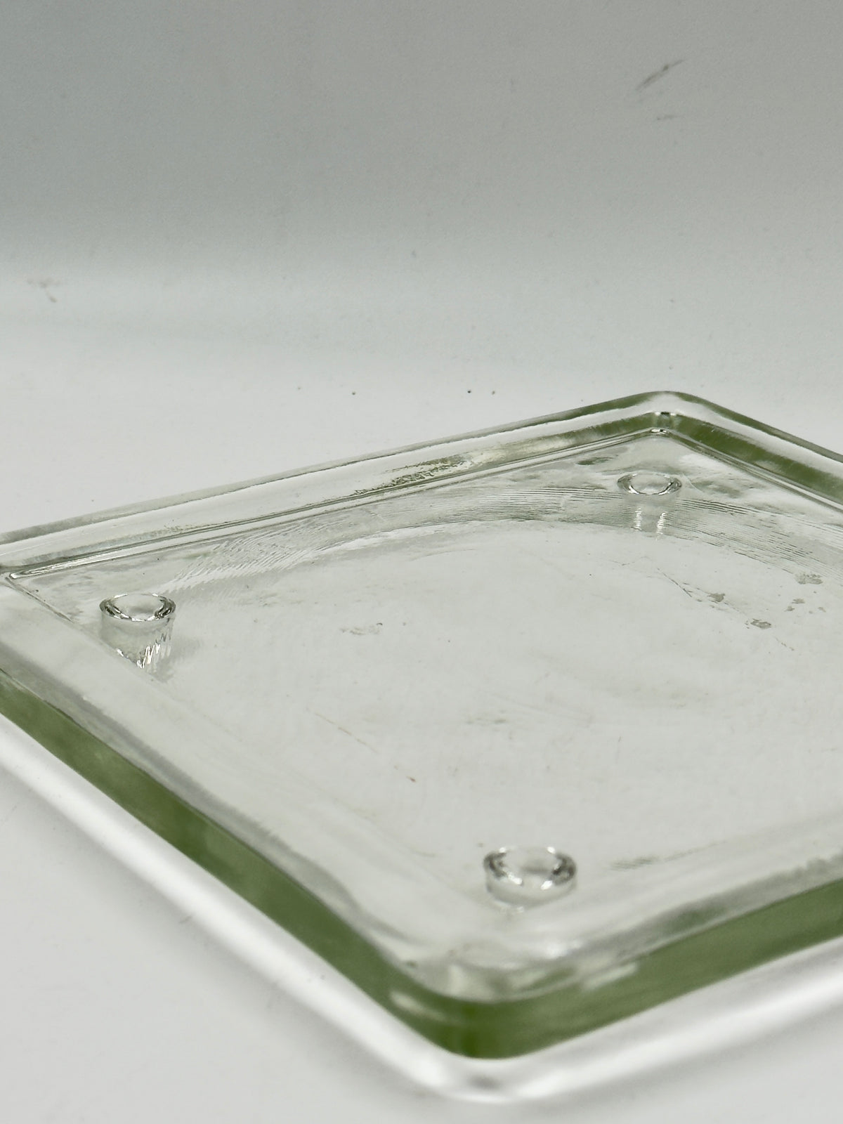Vintage Pale Green-Tinted Glass Square Tray with Raised Feet
