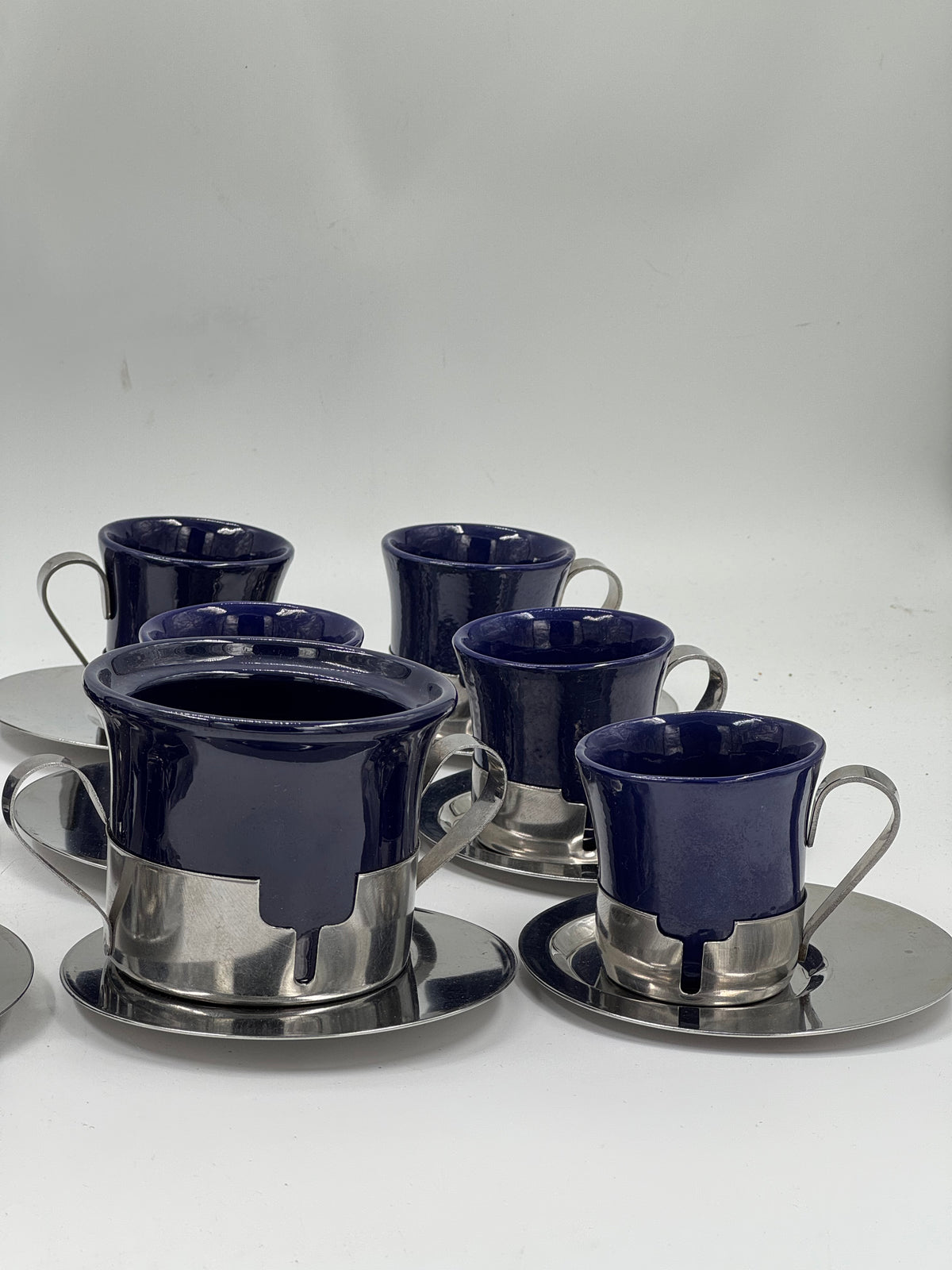 Set of 11 Vintage Cobalt Blue Cups & Saucers with Jug, Steel Holders