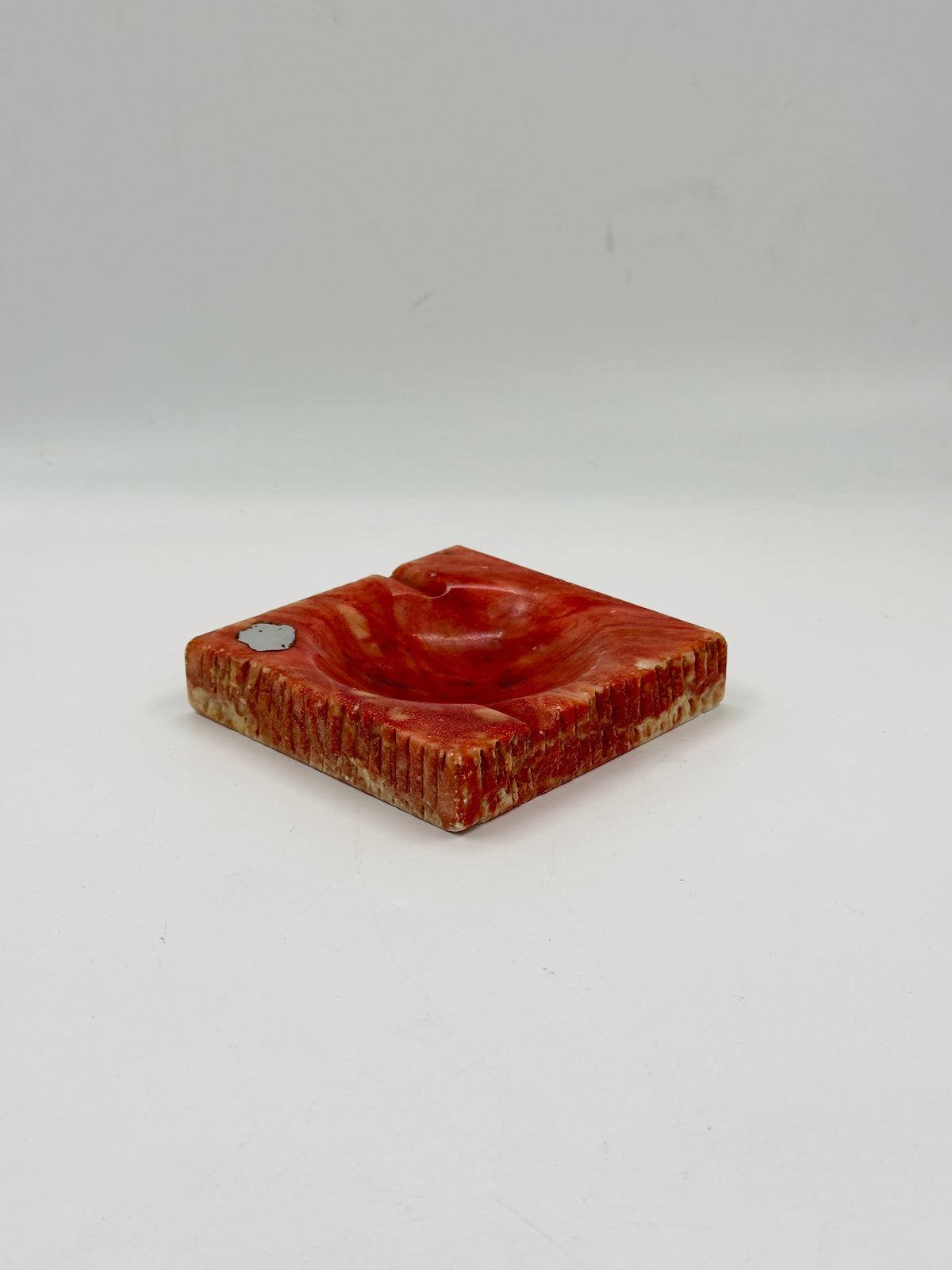 Vintage Hand-Carved Red Stone Ashtray with Chiseled Edges