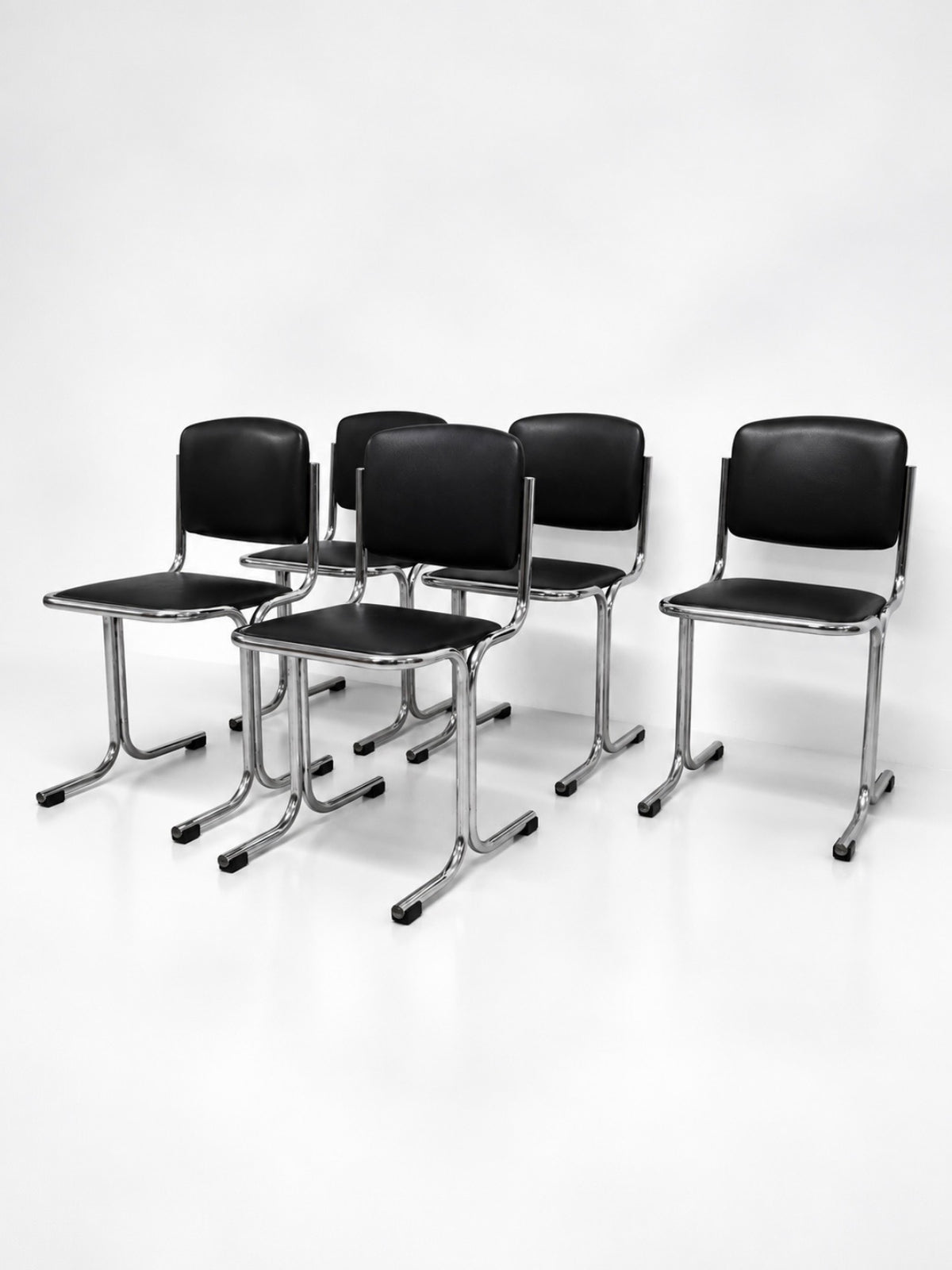 Set of 5 Vintage Chrome Tubular Chairs, Dark Brown Leather, 1970s