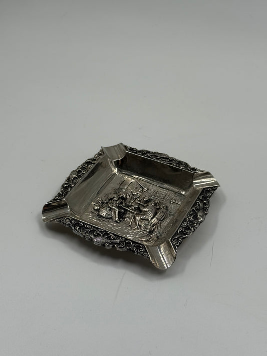 Vintage silver-plated ashtray with tavern scene relief