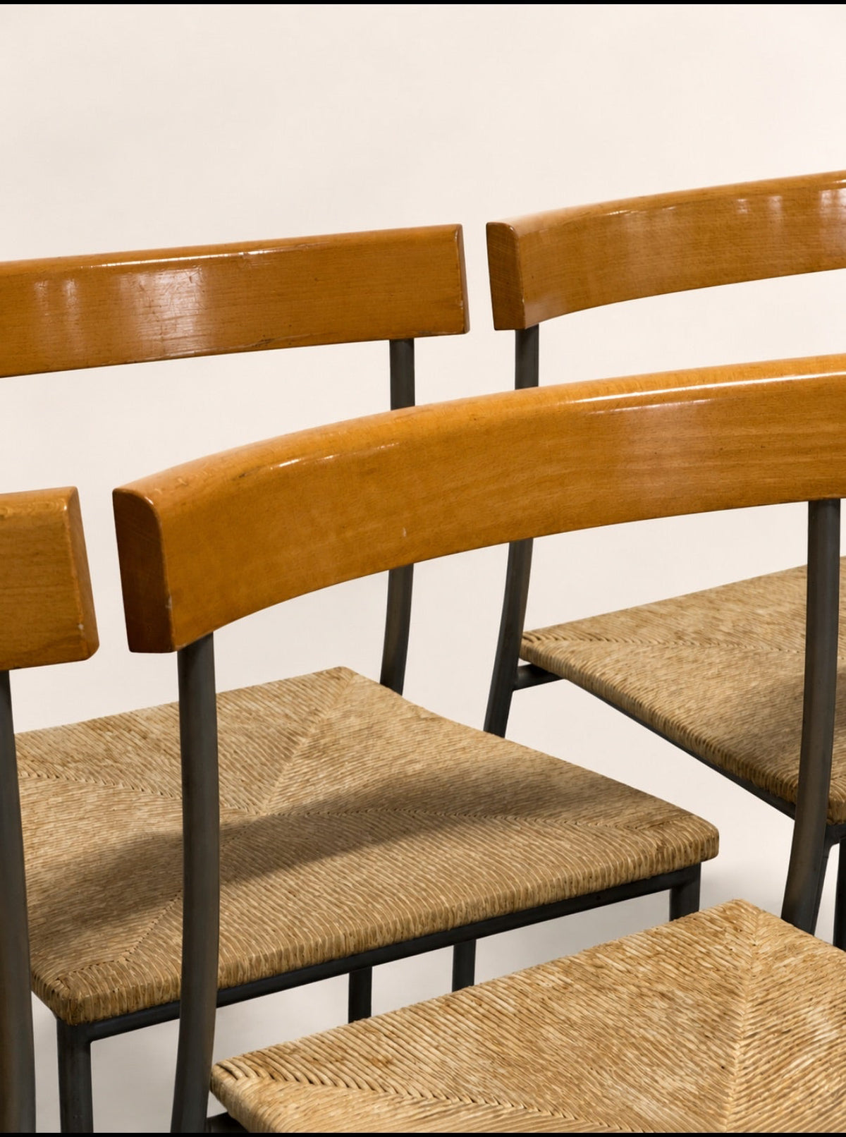 Set of 6 Vintage Wood and Rush Dining Chairs with Black Metal Legs
