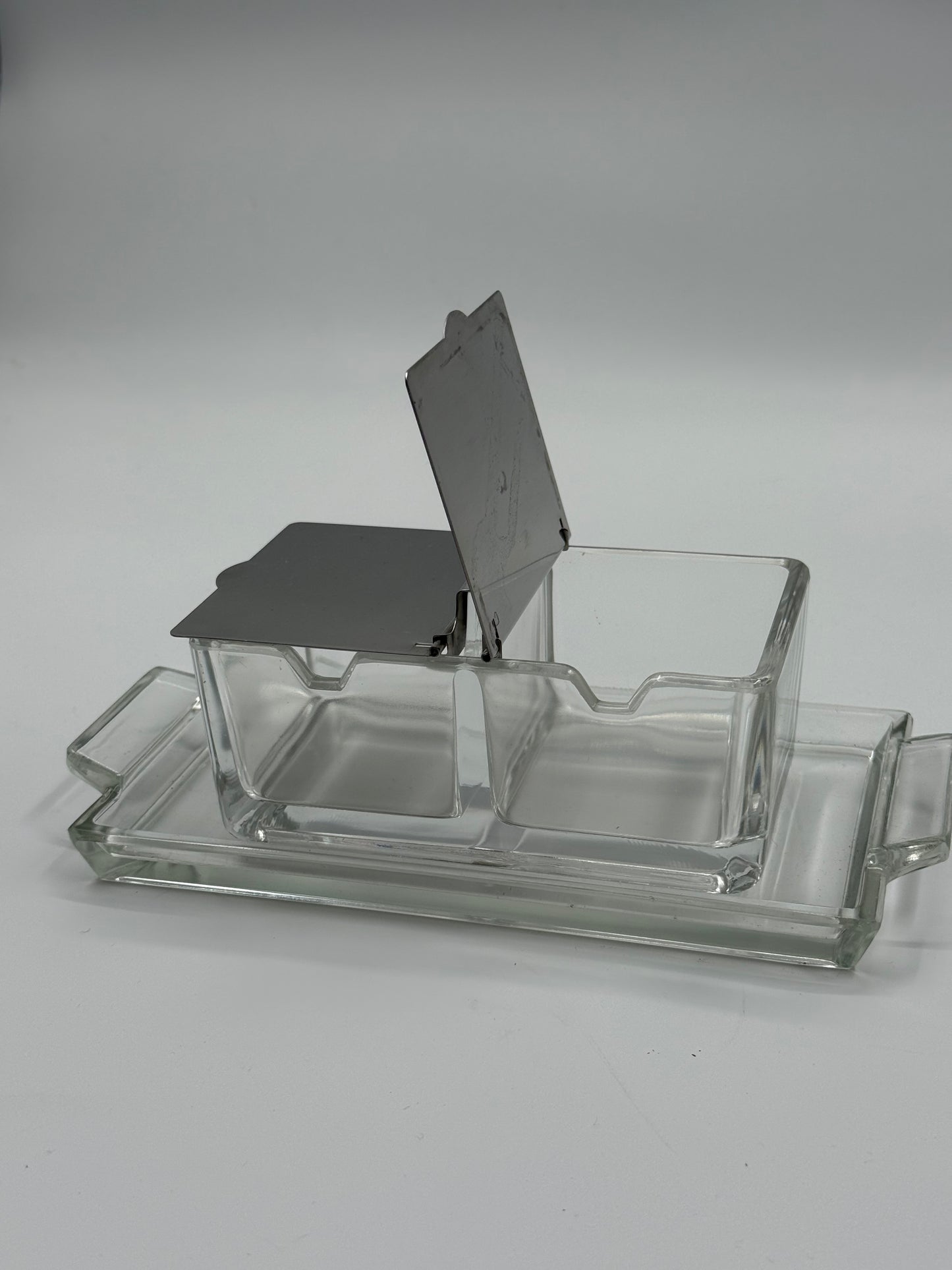 Vintage Glass & Chrome Condiment Duo Rectangular Serving Set