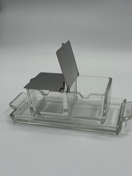 Vintage Glass & Chrome Condiment Duo Rectangular Serving Set